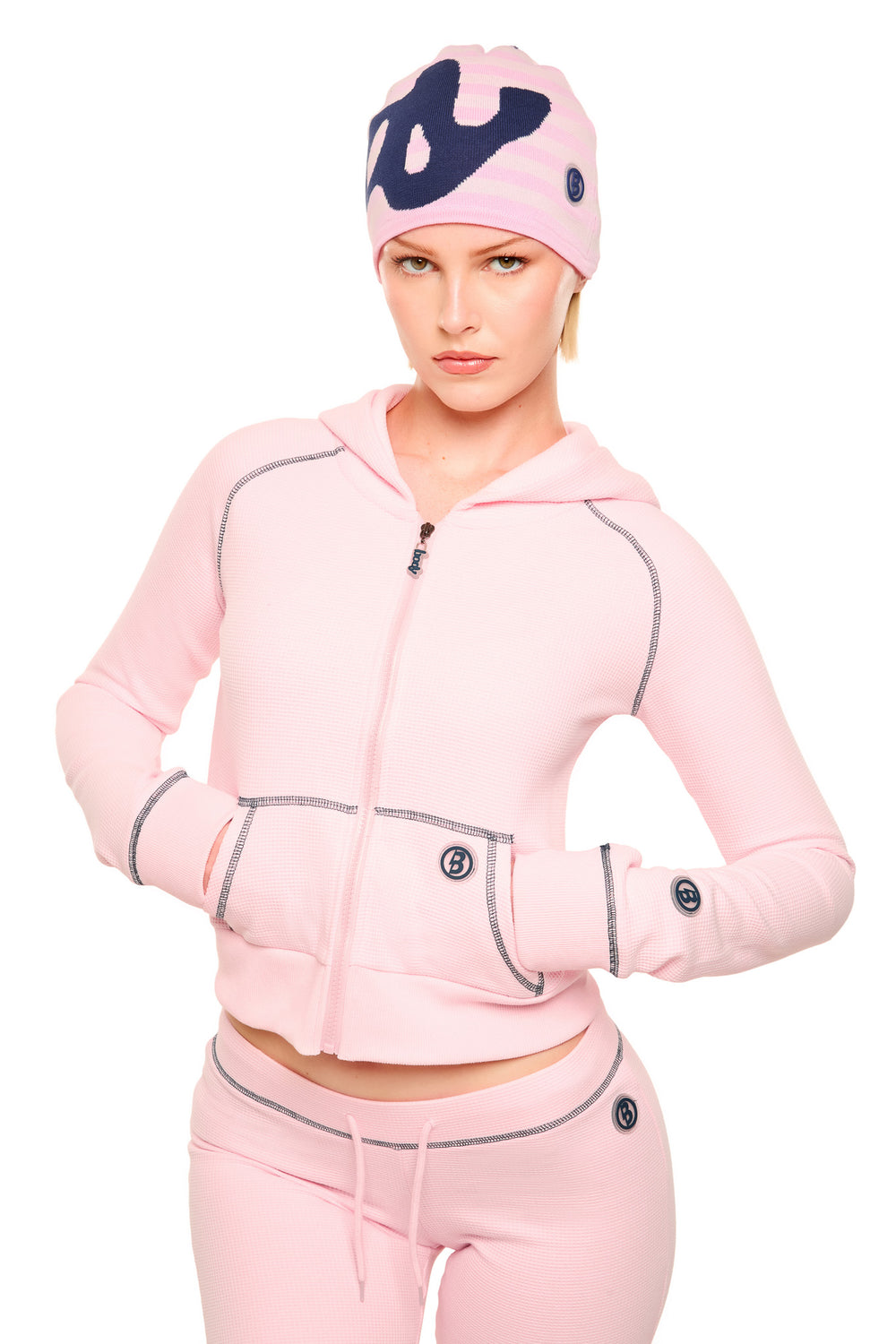 WAFFLE KNIT HOODIE (PINK/NAVY)