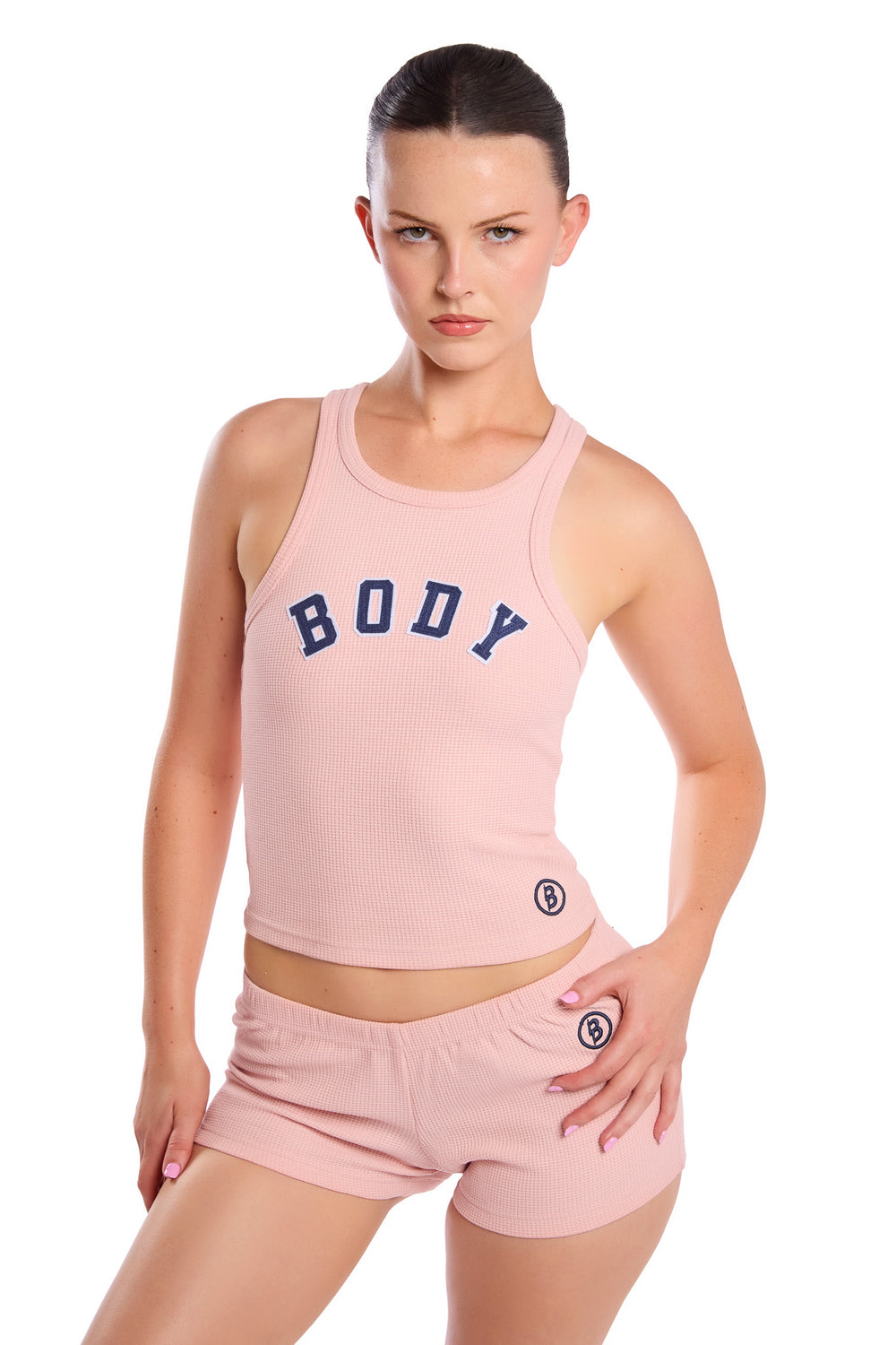 WAFFLE KNIT RACERBACK TOP (PASTEL PINK/NAVY)