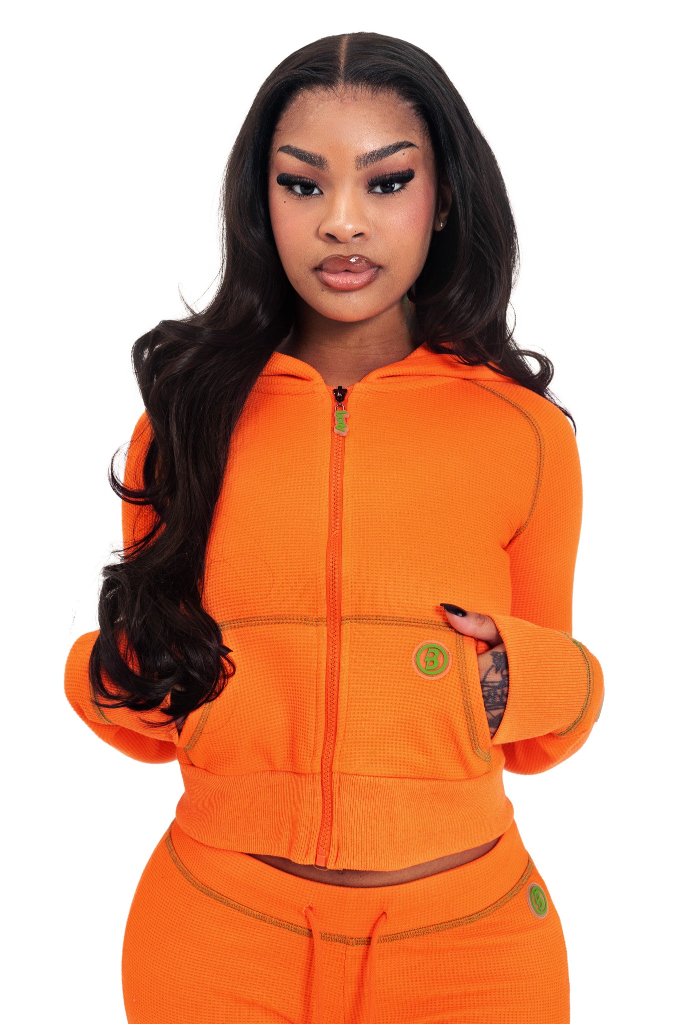 WAFFLE KNIT HOODIE (ORANGE/GREEN)