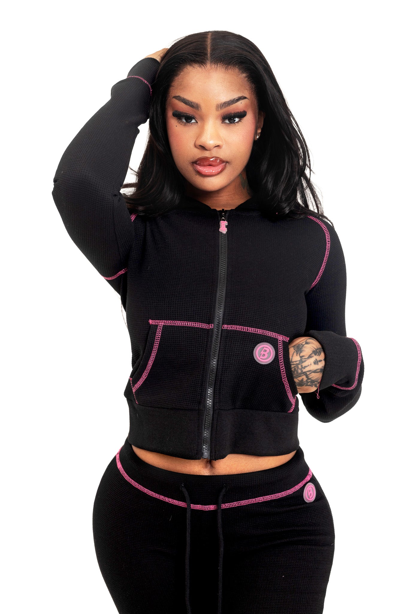 WAFFLE KNIT HOODIE (BLACK/PINK)