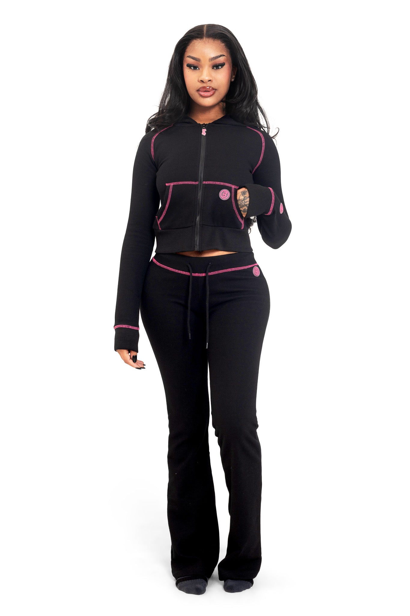 WAFFLE KNIT BOOT CUT PANTS (BLACK/PINK) — Body by Raven Tracy
