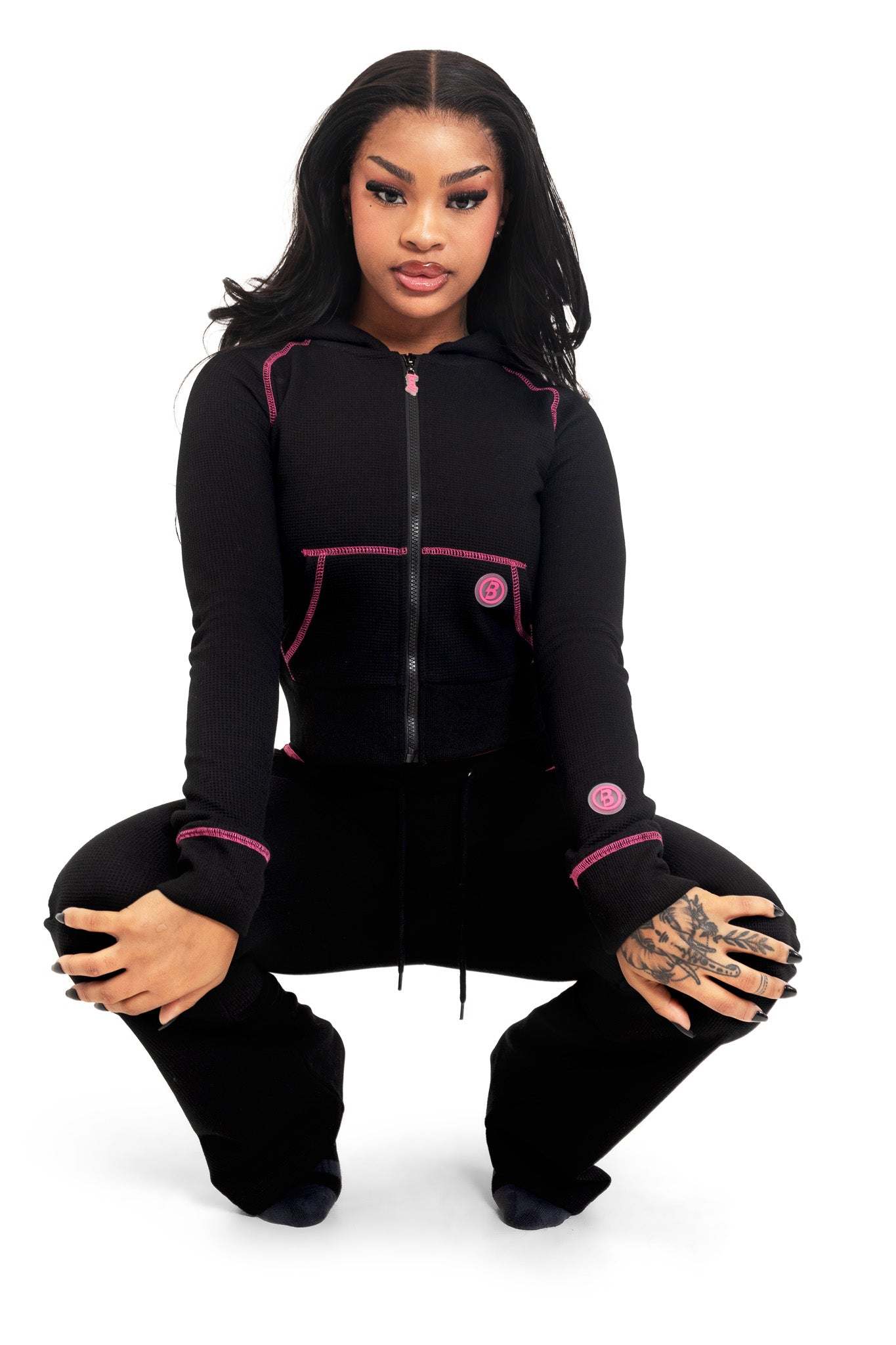 WAFFLE KNIT HOODIE (BLACK/PINK)