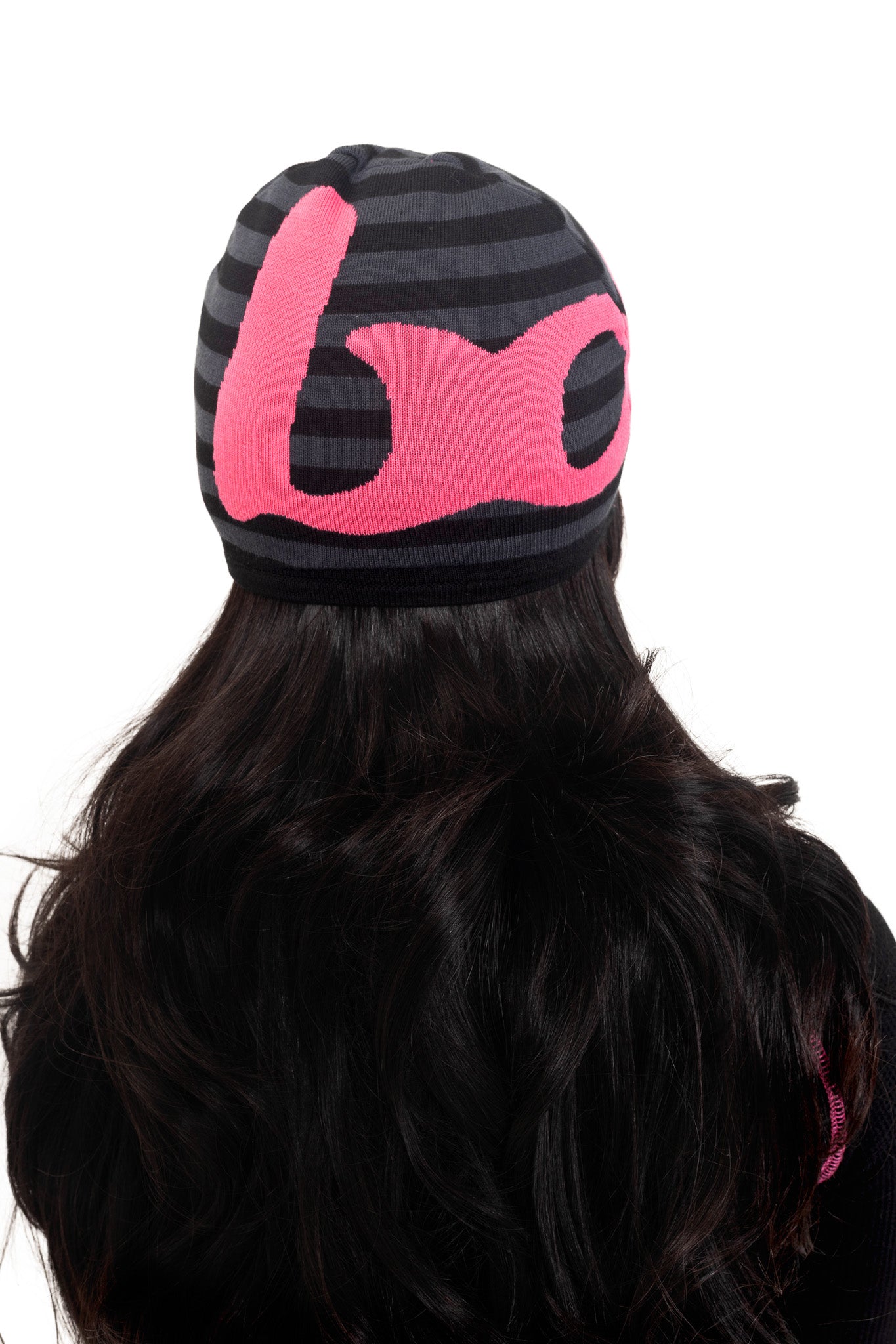 STRIPED KNIT BEANIE (BLACK/PINK)