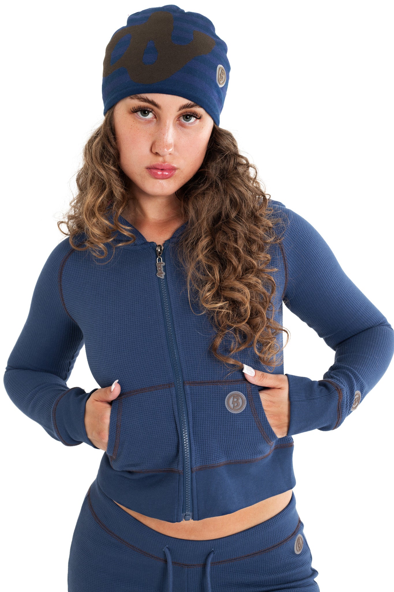 WAFFLE KNIT HOODIE (NAVY/BROWN)