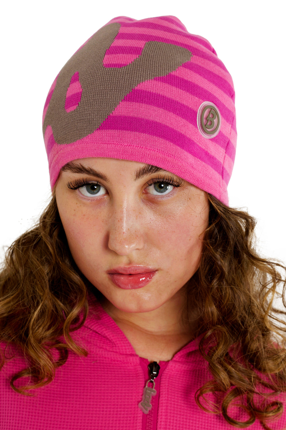 STRIPED KNIT BEANIE (PINK/BROWN)