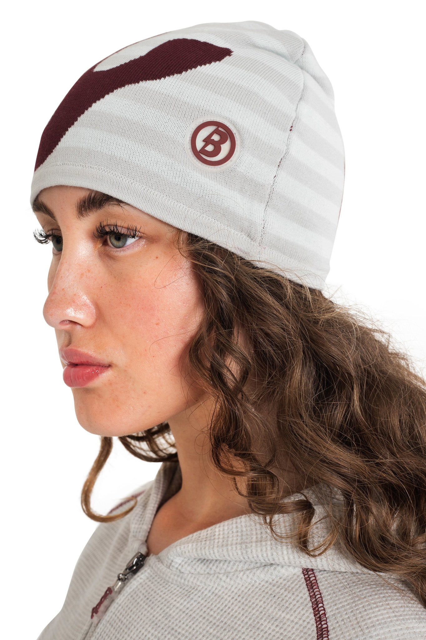 STRIPED KNIT BEANIE (HEATHER GREY/MAROON)