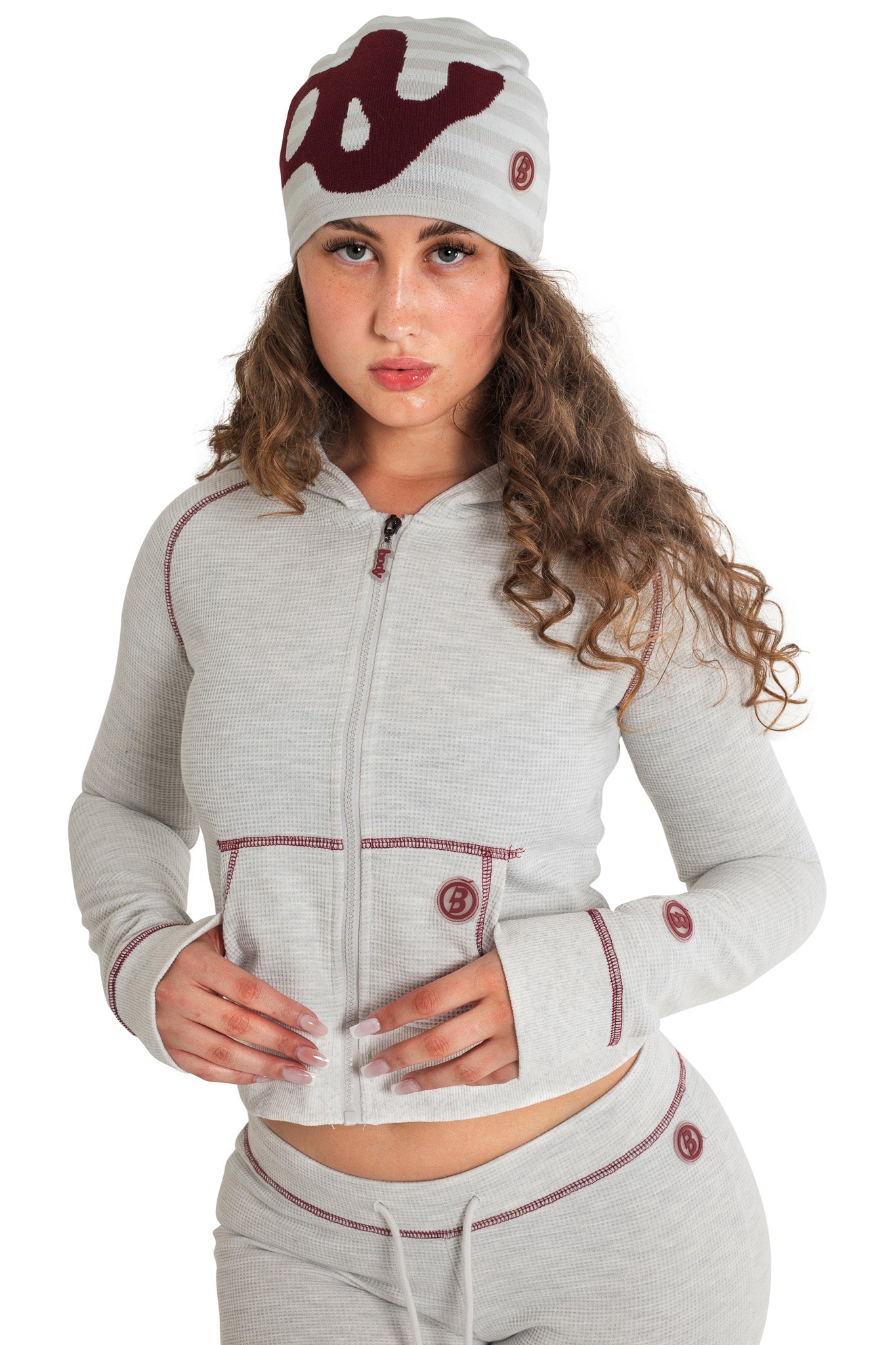 WAFFLE KNIT HOODIE (HEATHER GREY/MAROON