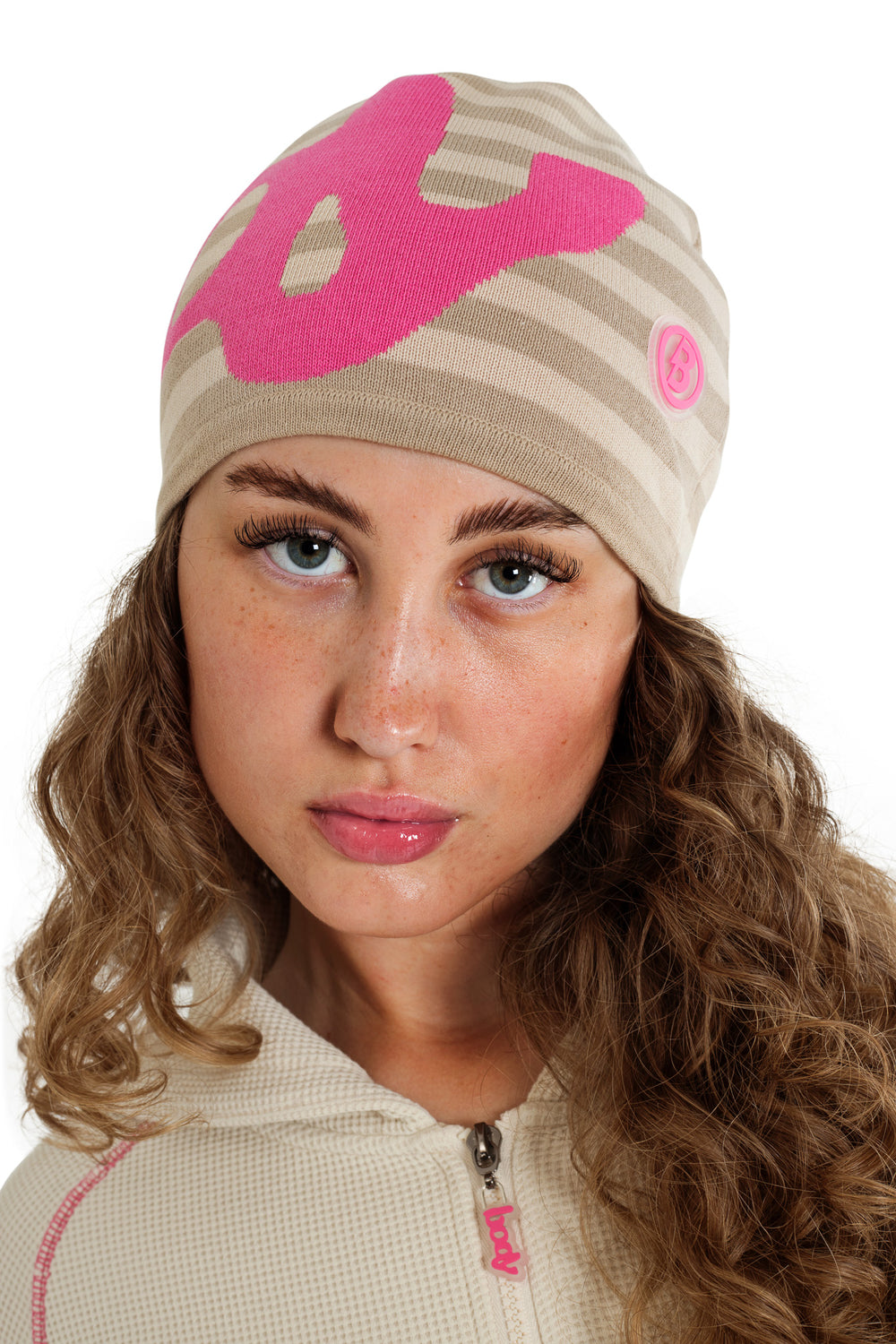 STRIPED KNIT BEANIE (CREAM/PINK)