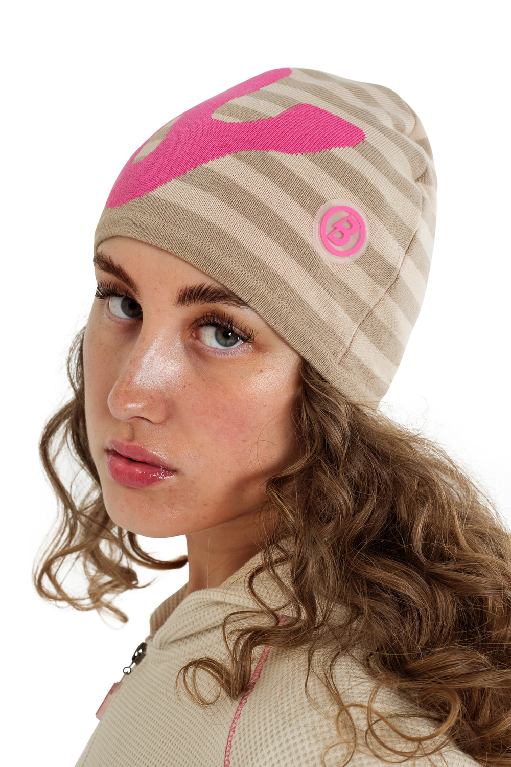 STRIPED KNIT BEANIE (CREAM/PINK)