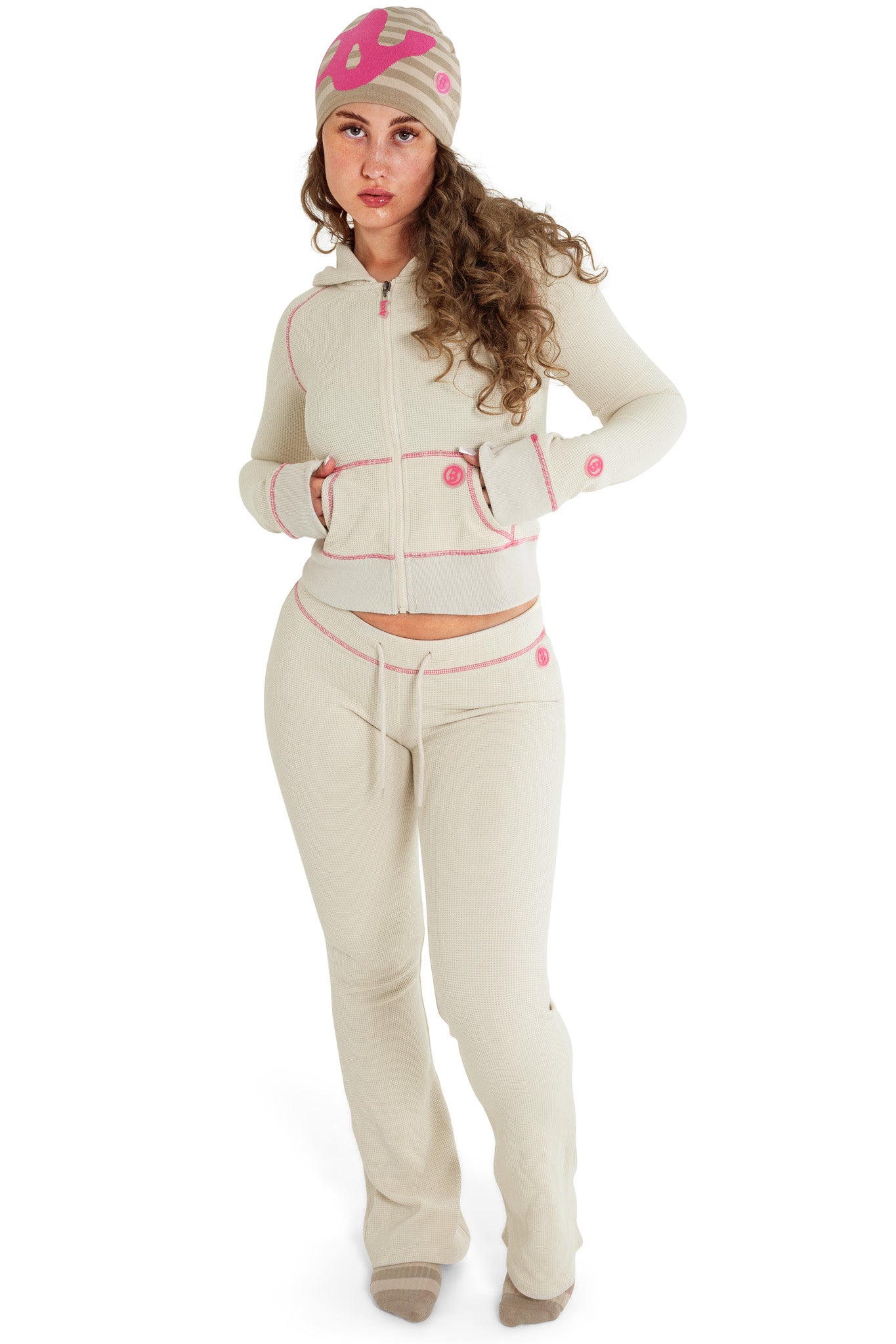 WAFFLE KNIT BOOT CUT PANTS (CREAM/PINK) — Body by Raven Tracy