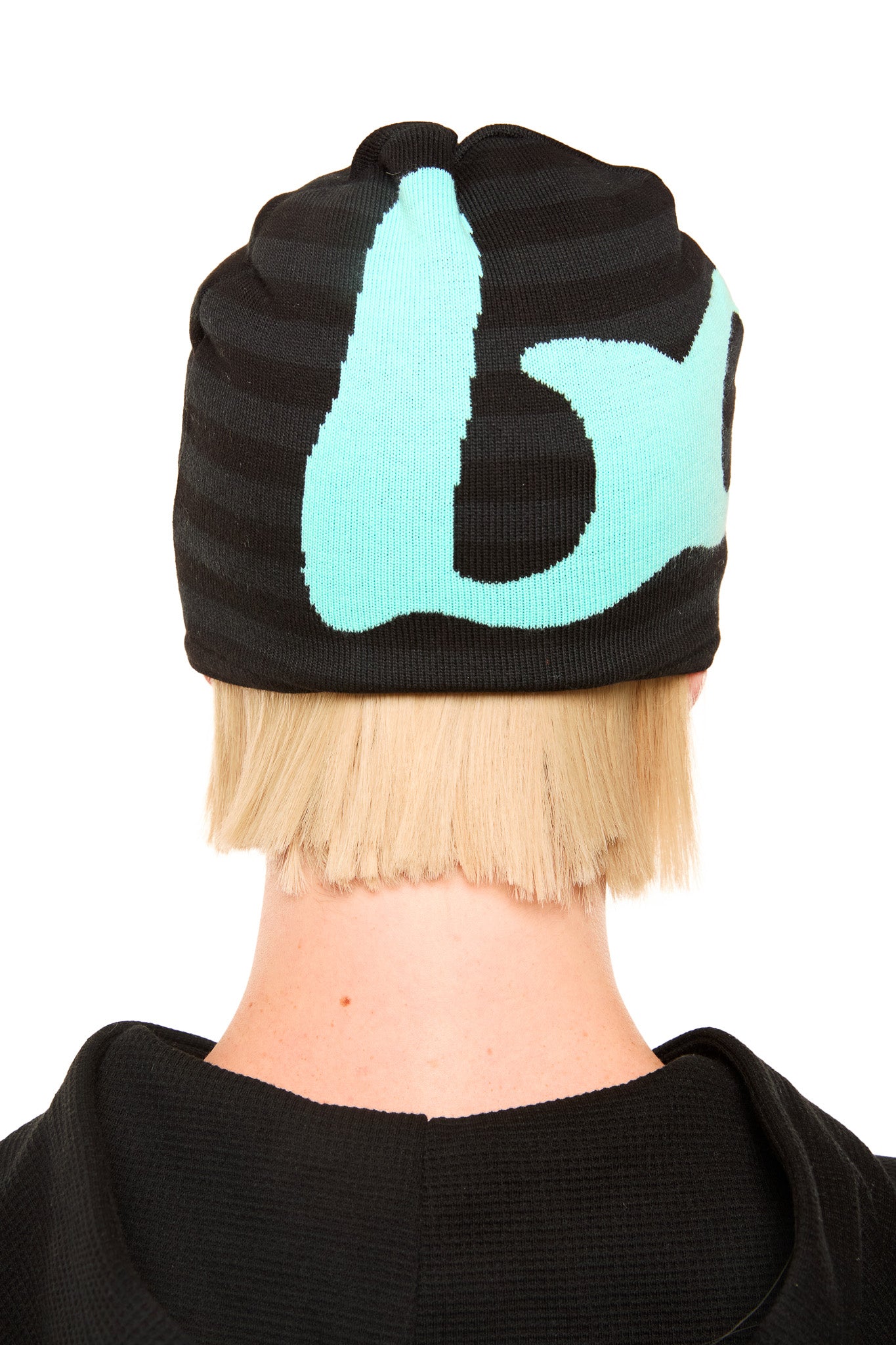 STRIPED KNIT BEANIE (BLACK/TIFFANY BLUE)