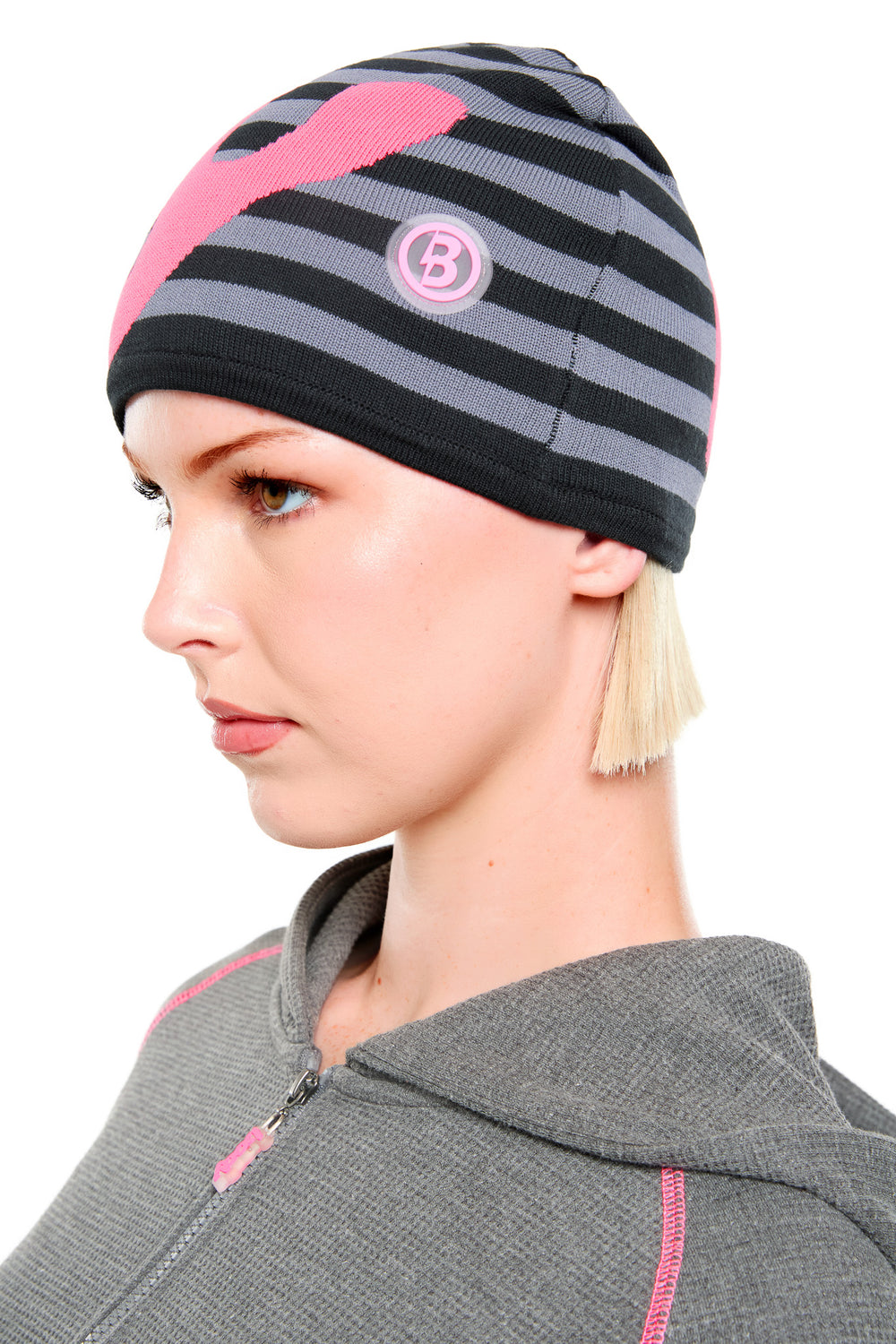 STRIPED KNIT BEANIE (CHARCOAL/PINK)