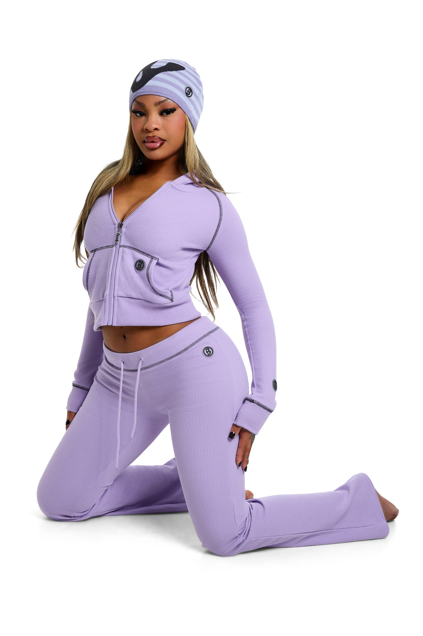 WAFFLE KNIT HOODIE (LAVENDER/BLACK)
