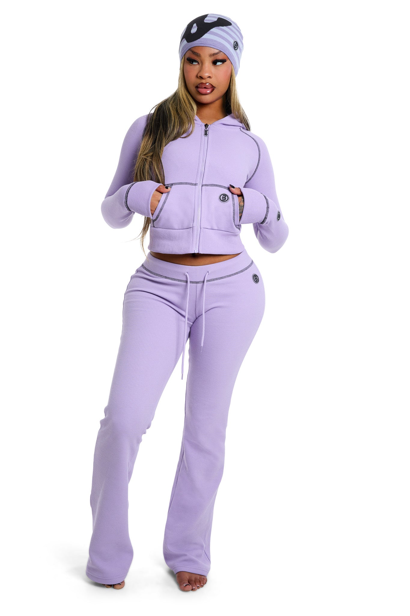 WAFFLE KNIT HOODIE (LAVENDER/BLACK)