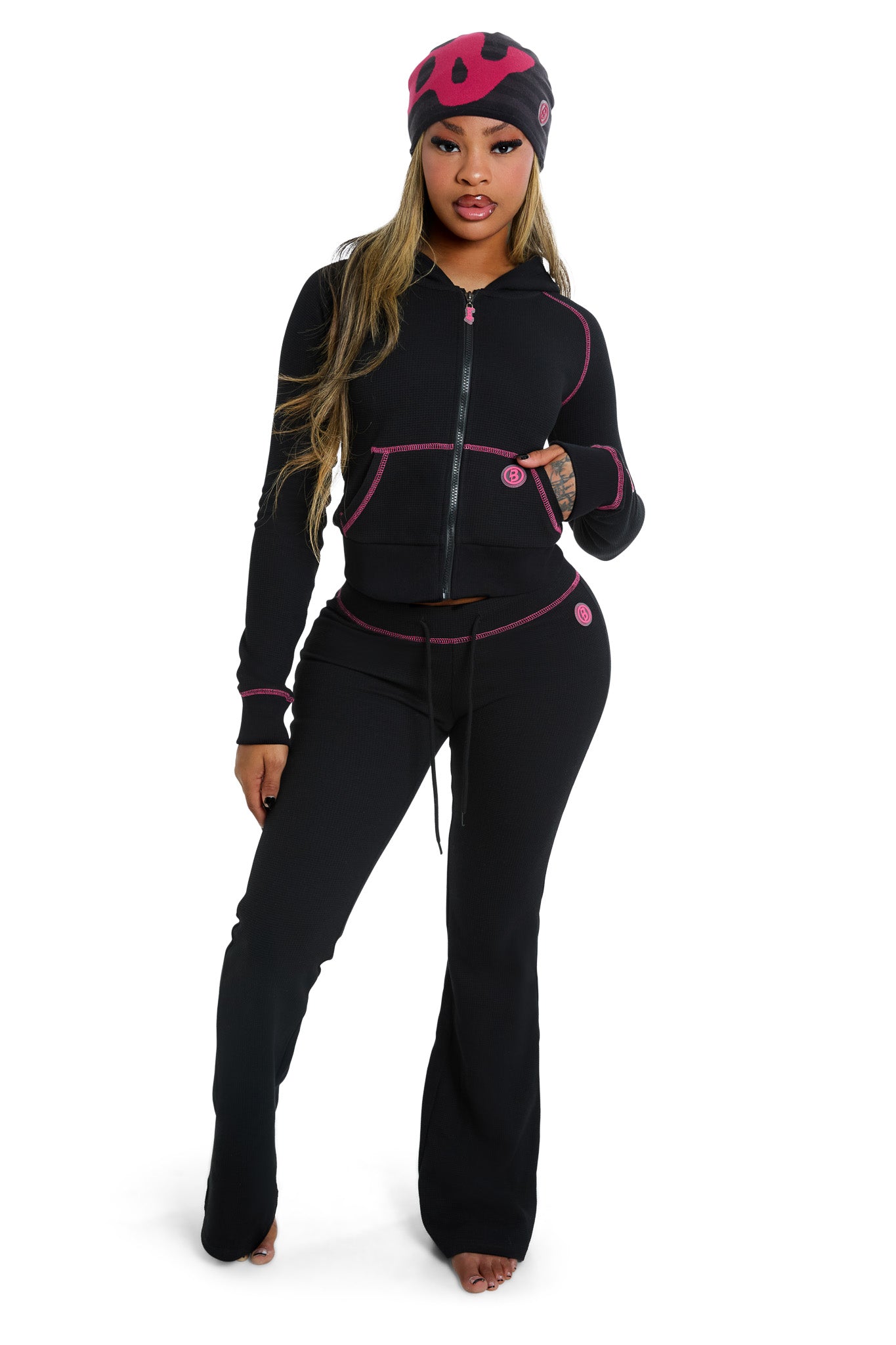 WAFFLE KNIT HOODIE (BLACK/PINK) — Body by Raven Tracy WAFFLE KNIT HOODIE (BLACK/PINK) — Body by Raven Tracy