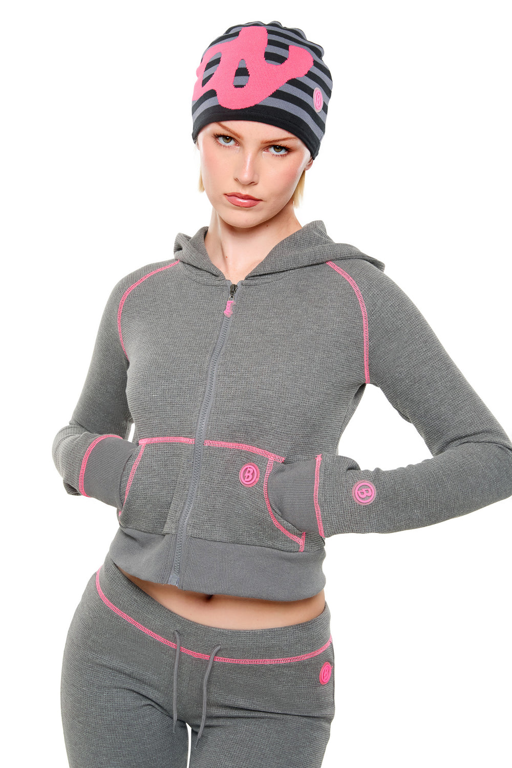 PRE-ORDER WAFFLE KNIT HOODIE (CHARCOAL/PINK)