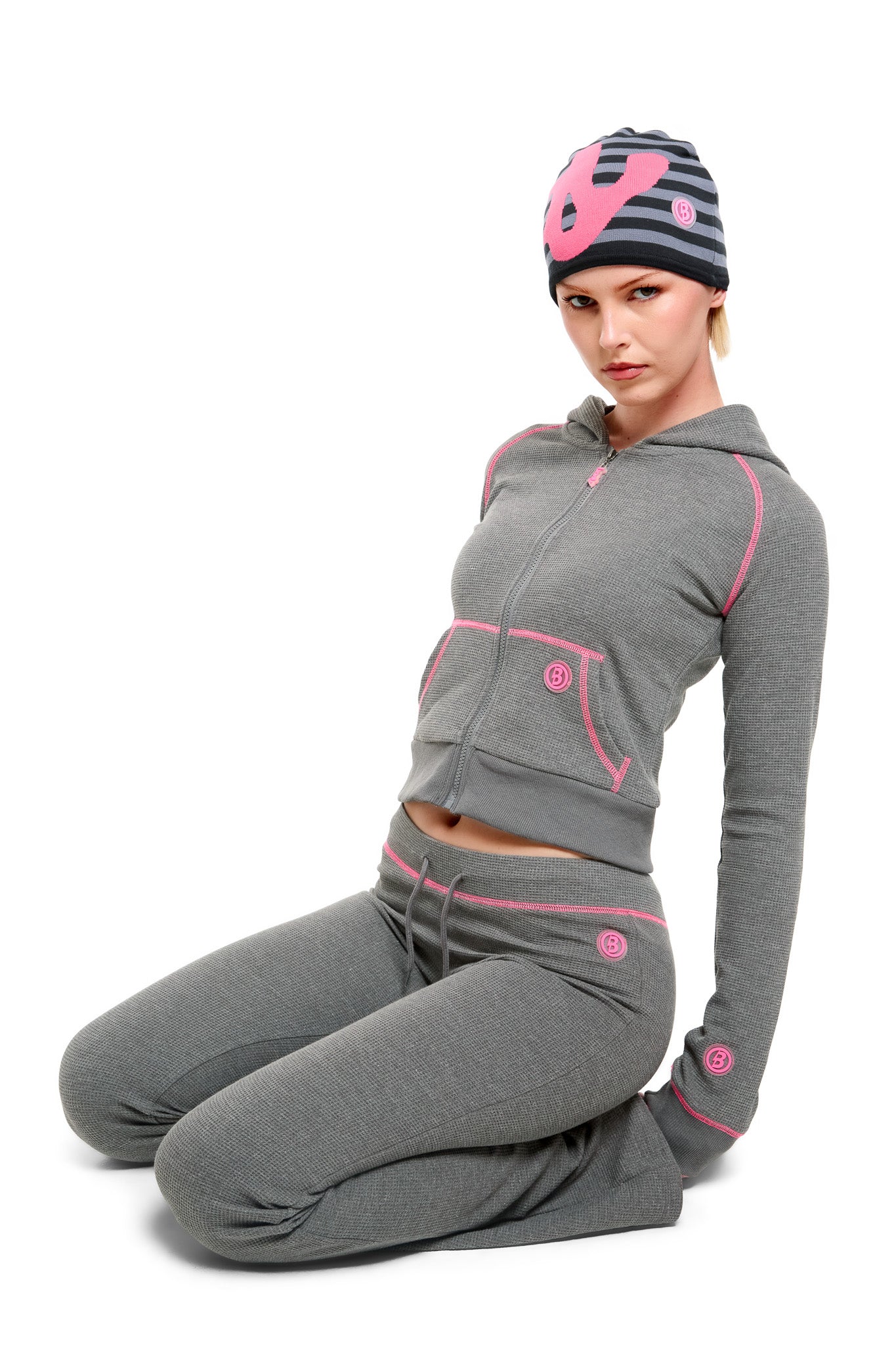 WAFFLE KNIT BOOT CUT PANTS (CHARCOAL/PINK) — Body by Raven Tracy