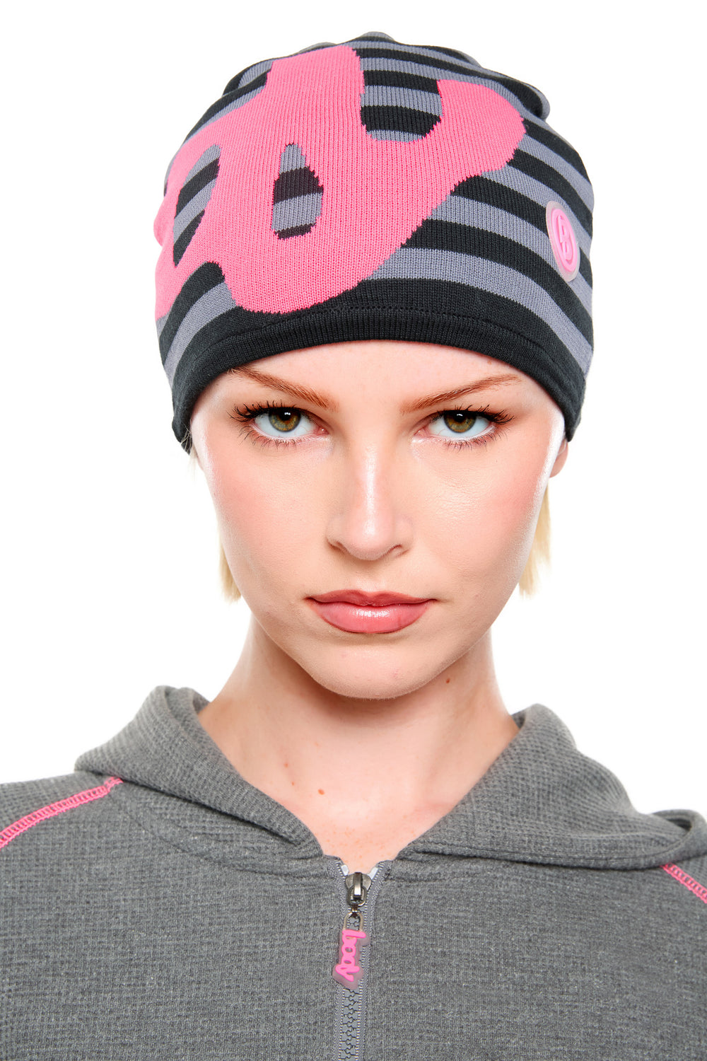 STRIPED KNIT BEANIE (CHARCOAL/PINK)