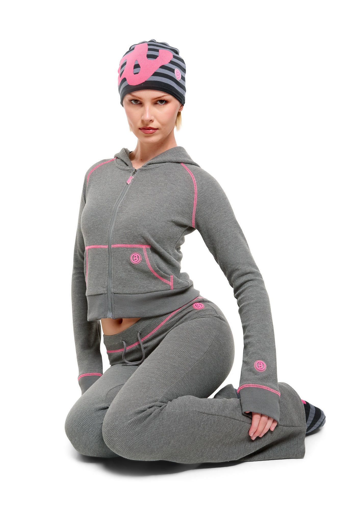 PRE-ORDER WAFFLE KNIT HOODIE (CHARCOAL/PINK)