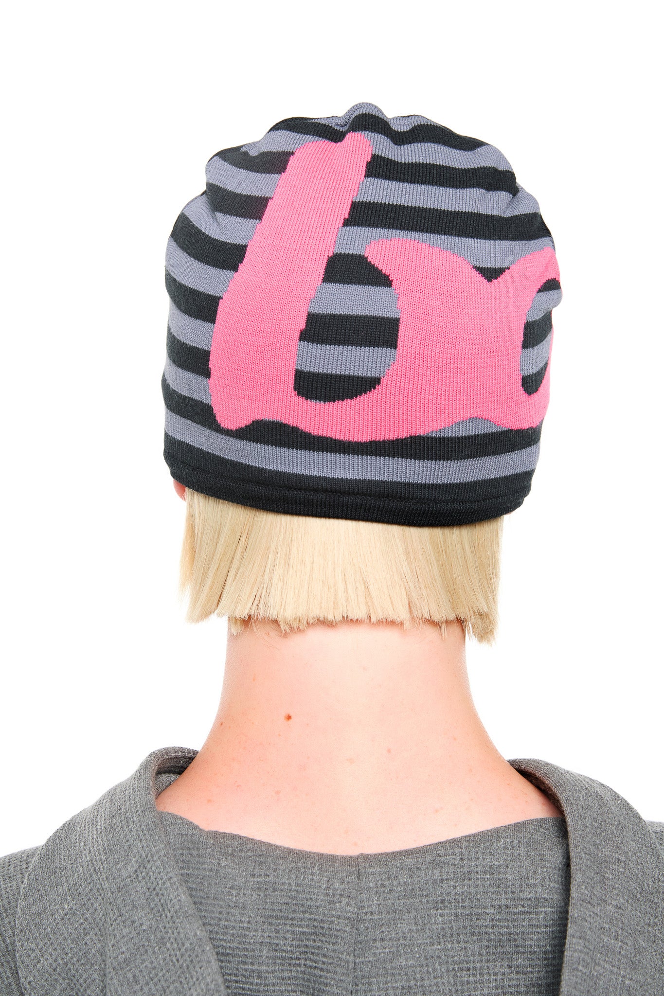 STRIPED KNIT BEANIE (CHARCOAL/PINK)