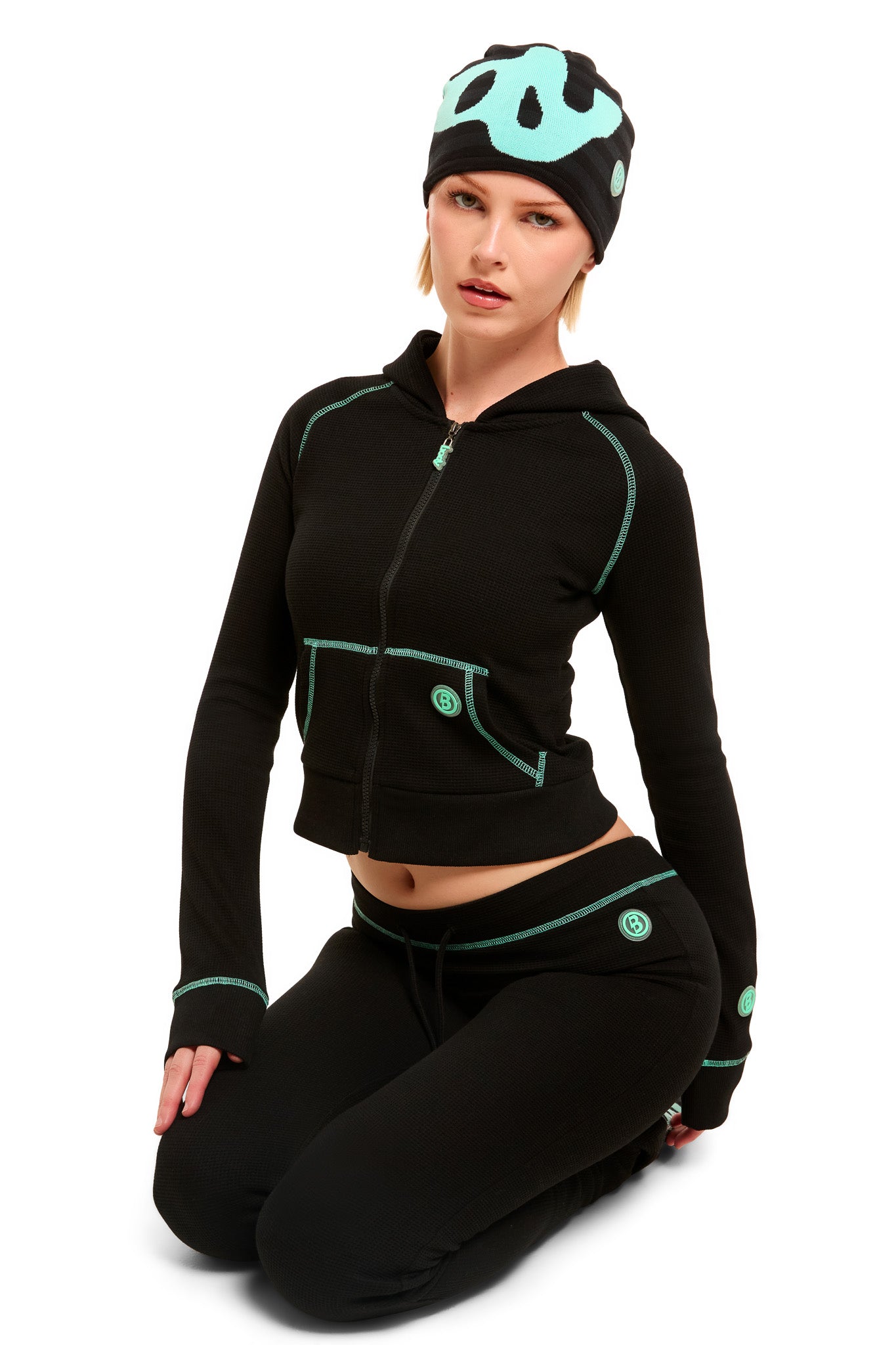 WAFFLE KNIT HOODIE (BLACK/TIFFANY BLUE) — Body by Raven Tracy WAFFLE KNIT HOODIE (BLACK/TIFFANY BLUE) — Body by Raven Tracy