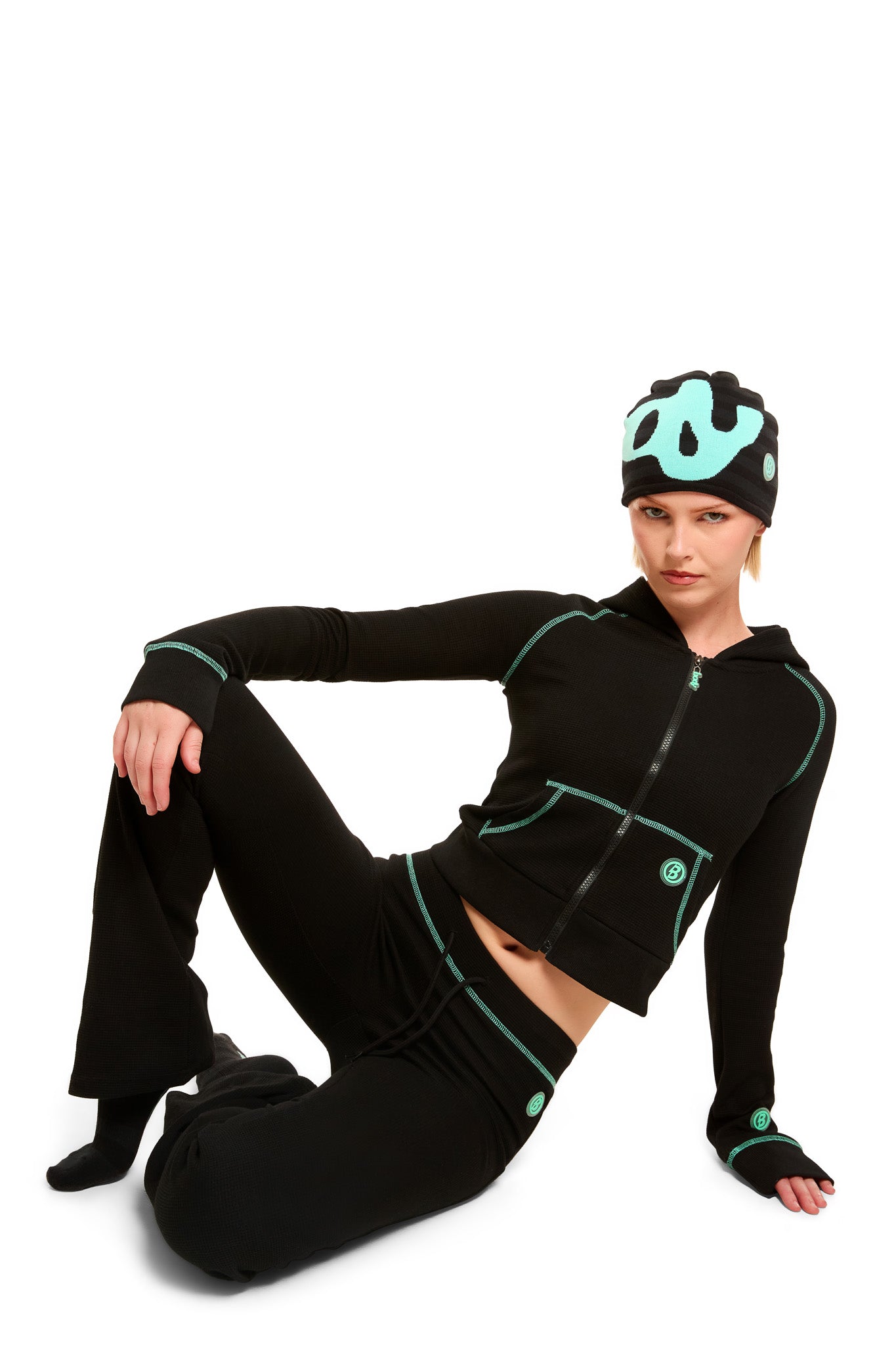 PRE-ORDER WAFFLE KNIT BOOT CUT PANTS (BLACK/TIFFANY BLUE)