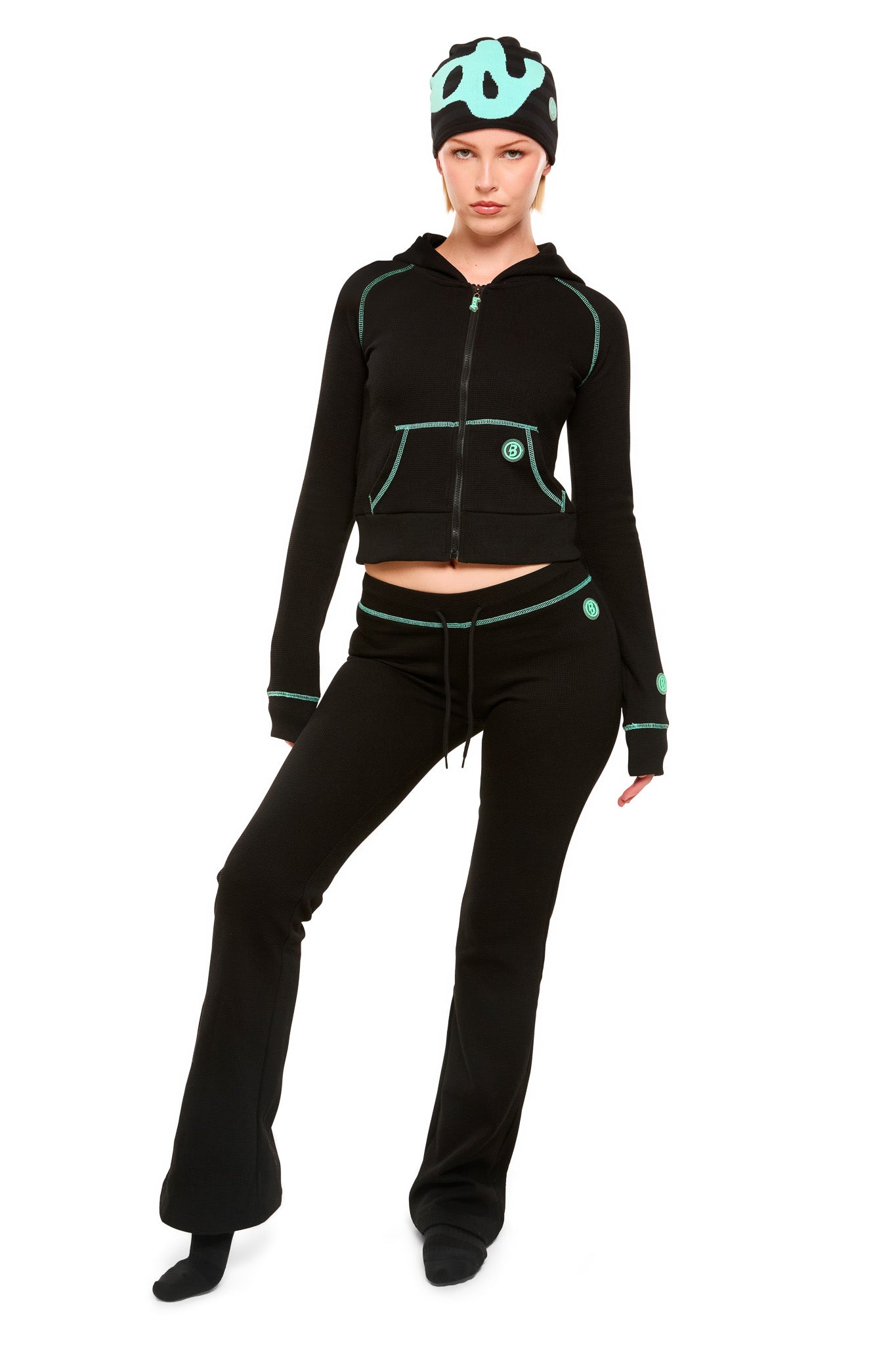 WAFFLE KNIT HOODIE (BLACK/TIFFANY BLUE) — Body by Raven Tracy