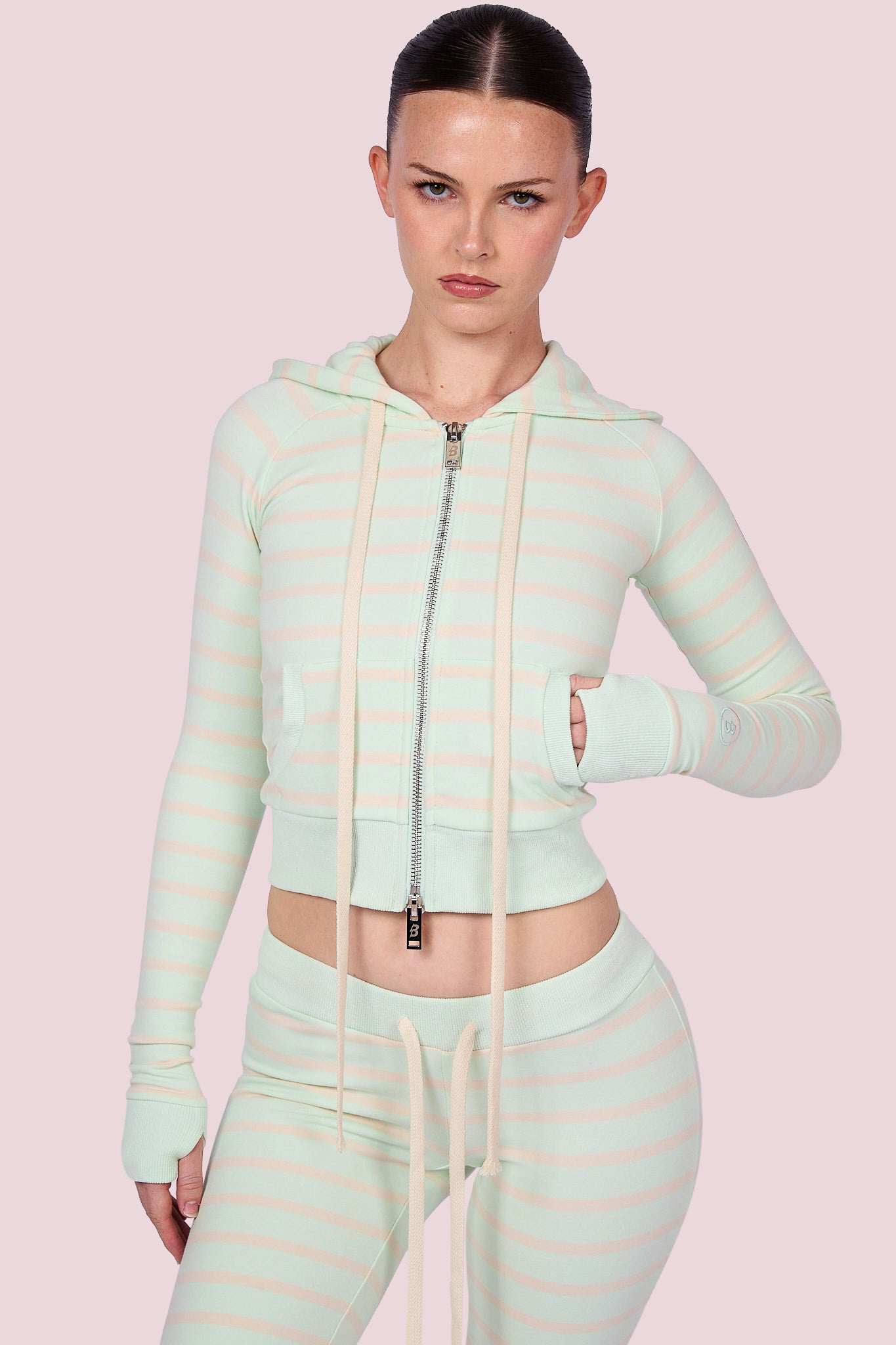 BODY KNITWEAR ZIP HOODIE (PISTACHIO STRIPE)