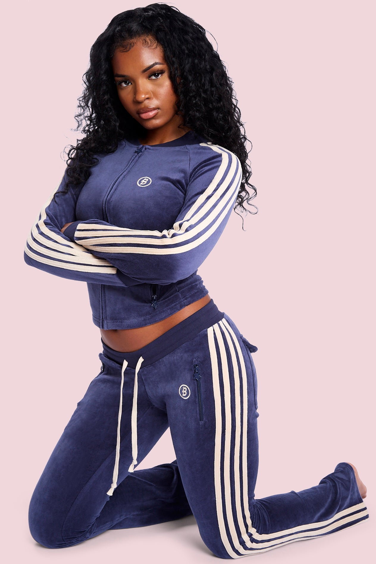 BODY VELOUR TRACK PANTS (ROYAL BLUE/CREAM) — Body by Raven Tracy