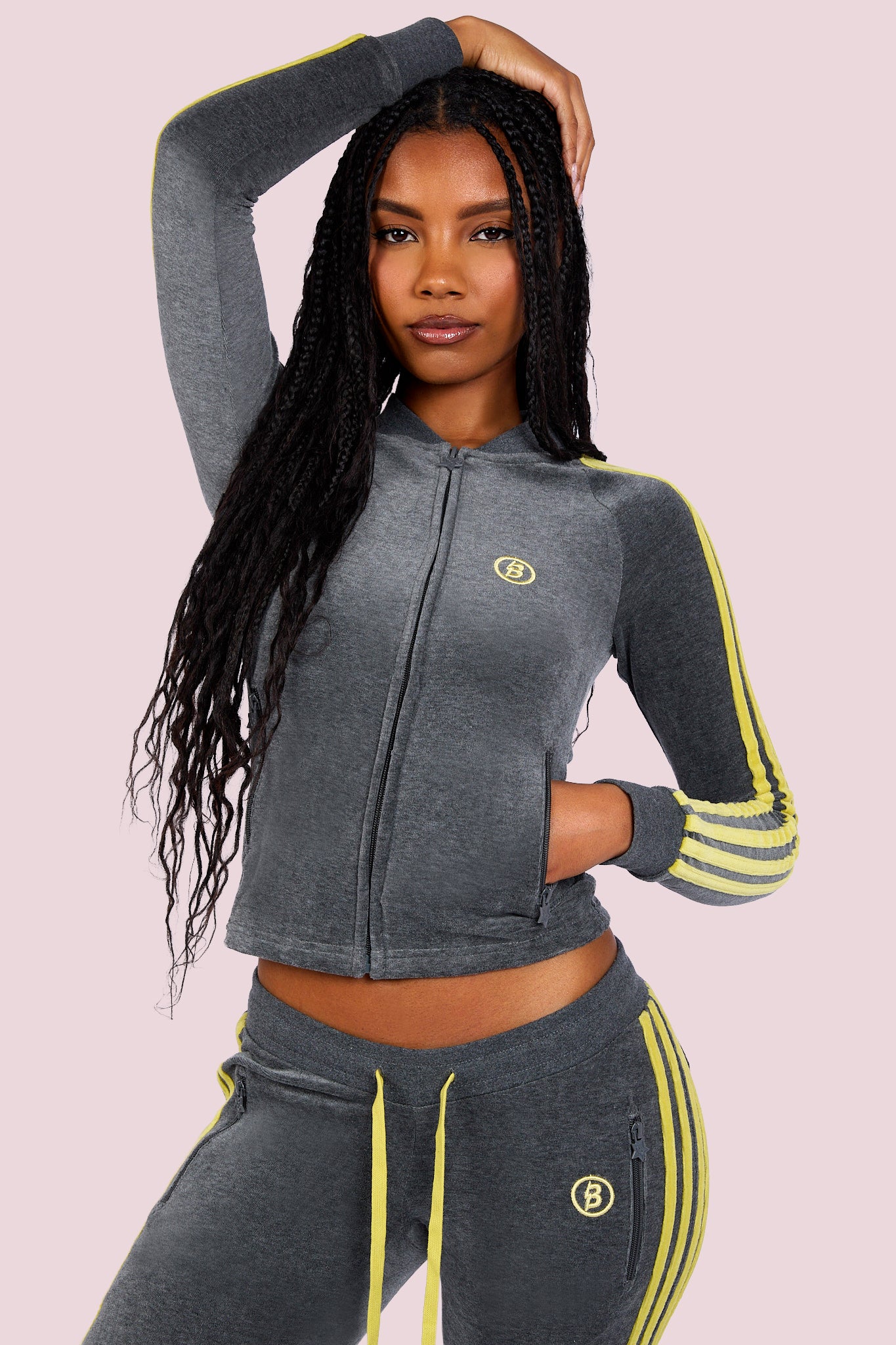 BODY VELOUR TRACK JACKET (CHARCOAL/LIME YELLOW) — Body by Raven Tracy