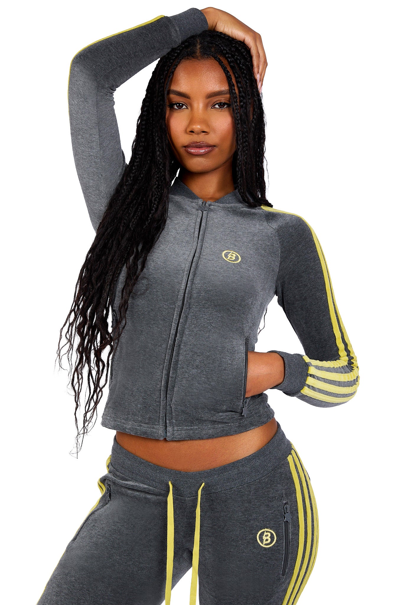 BODY VELOUR TRACK JACKET (CHARCOAL/LIME YELLOW) — Body by Raven Tracy