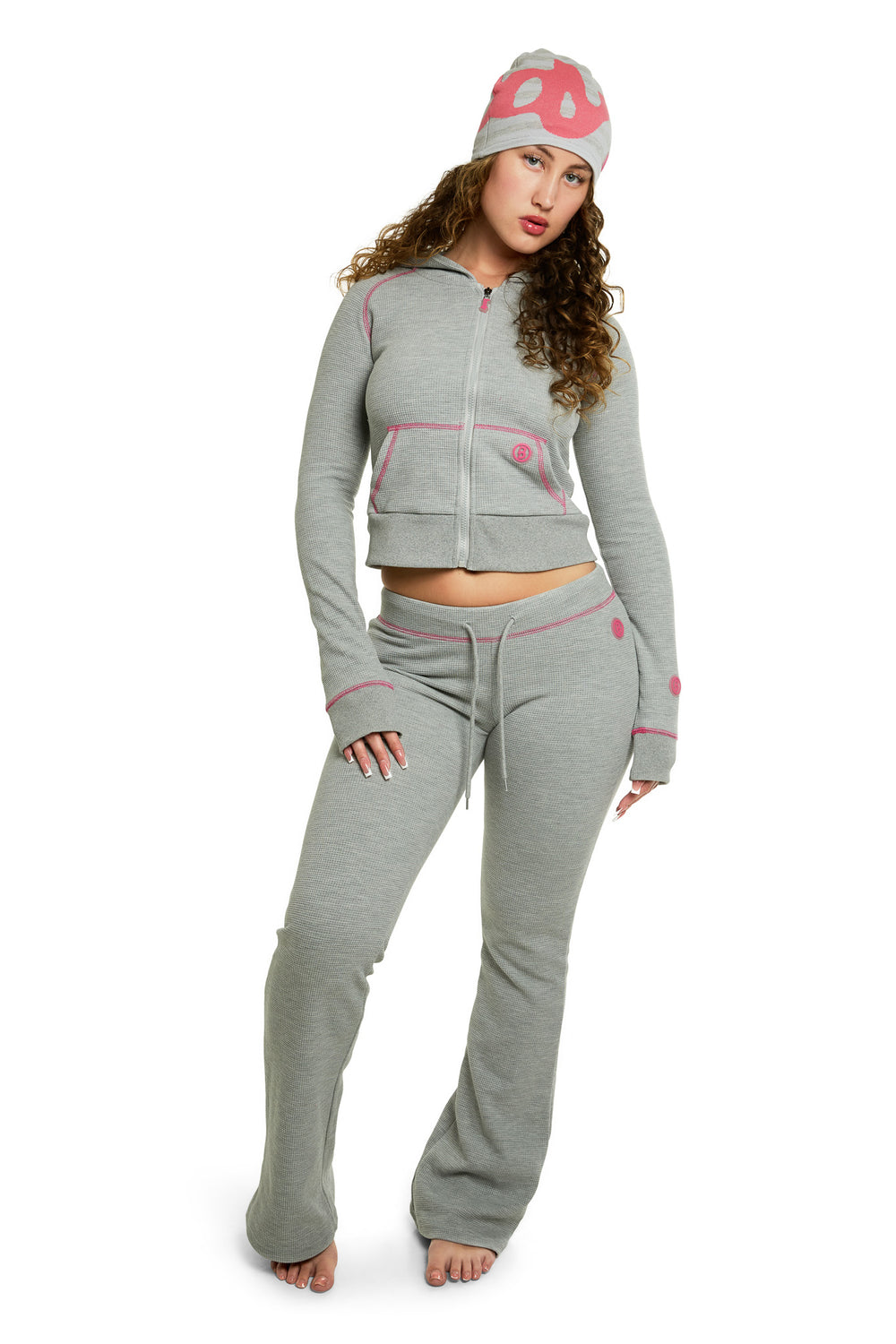 WAFFLE KNIT BOOT CUT PANTS (HEATHER GREY/PINK)