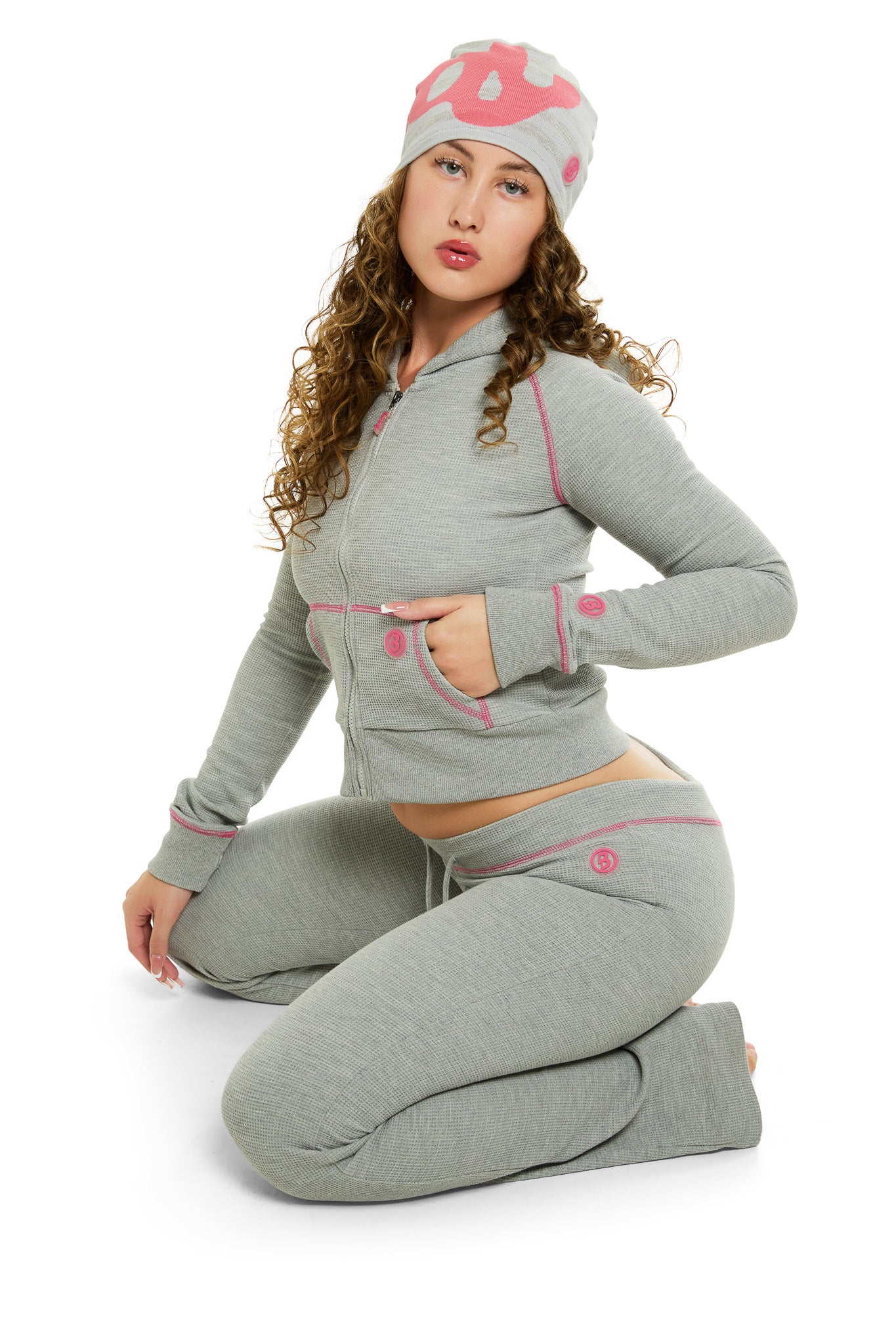 WAFFLE KNIT BOOT CUT PANTS (HEATHER GREY/PINK) — Body by