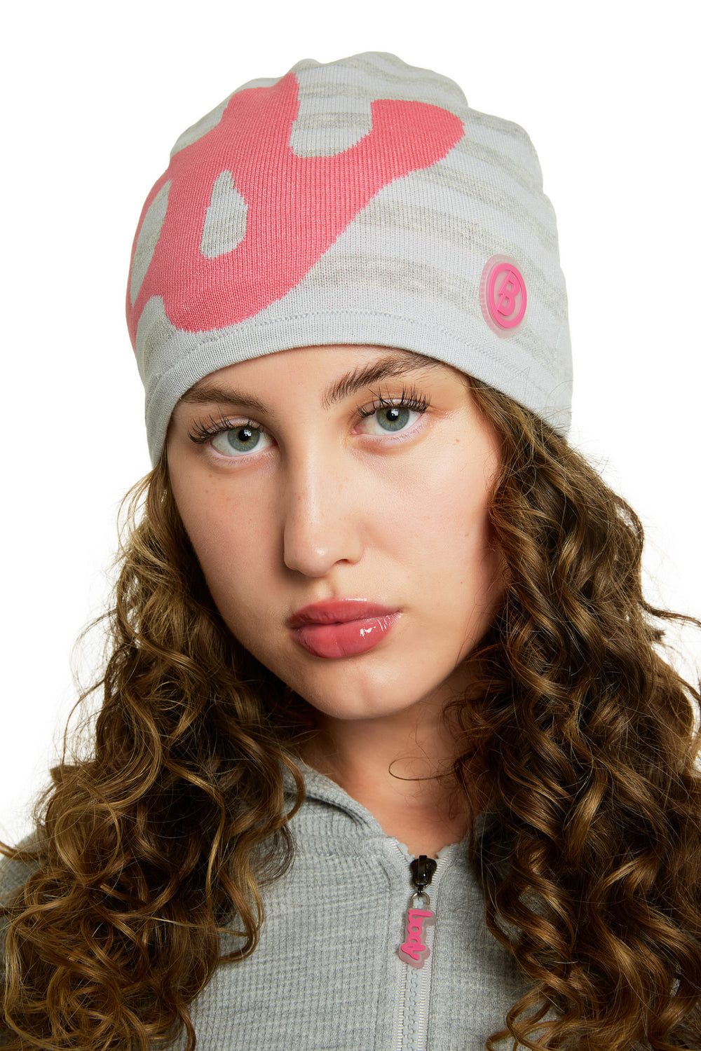 STRIPED KNIT BEANIE (HEATHER GREY/PINK)