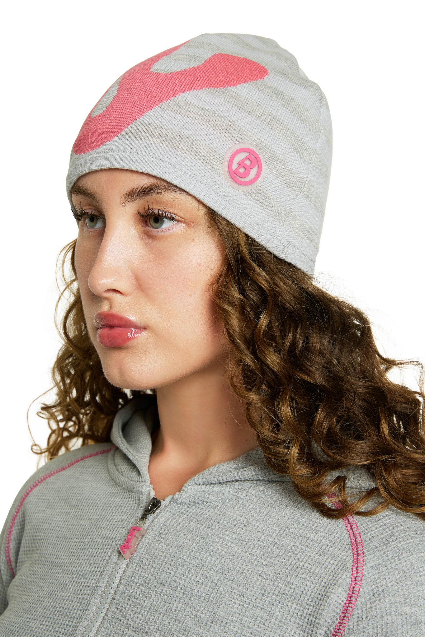 STRIPED KNIT BEANIE (HEATHER GREY/PINK)