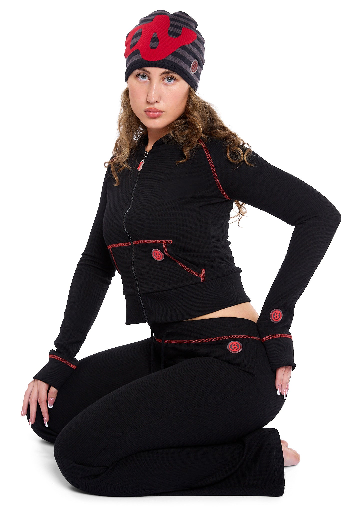 WAFFLE KNIT BOOT CUT PANTS (BLACK CHERRY/RED)