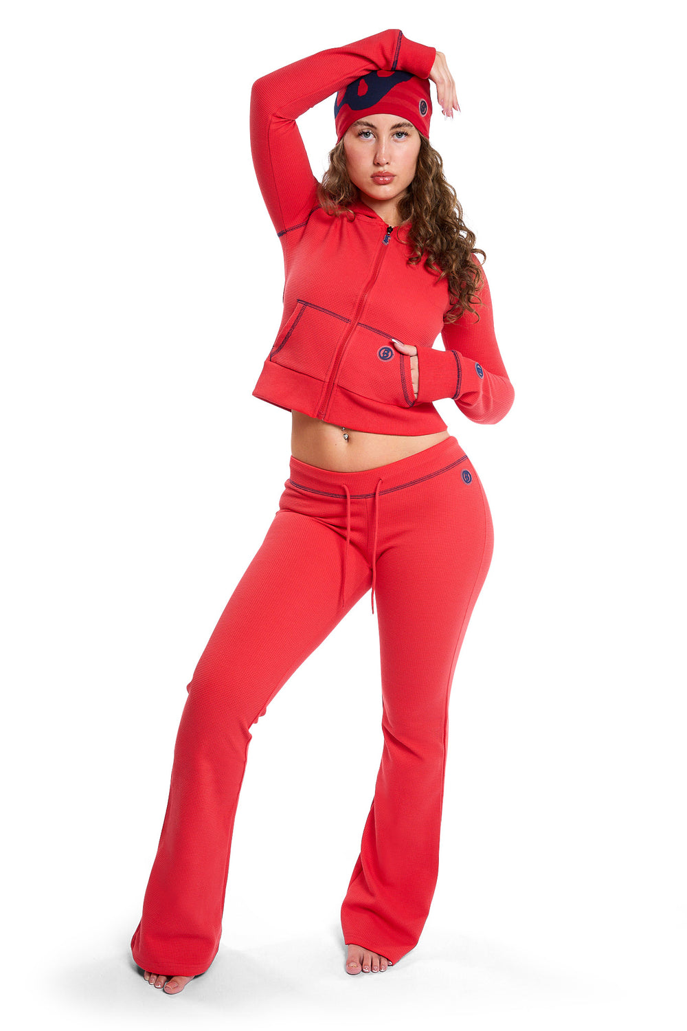 WAFFLE KNIT BOOT CUT PANTS (CANDY APPLE RED/NAVY)