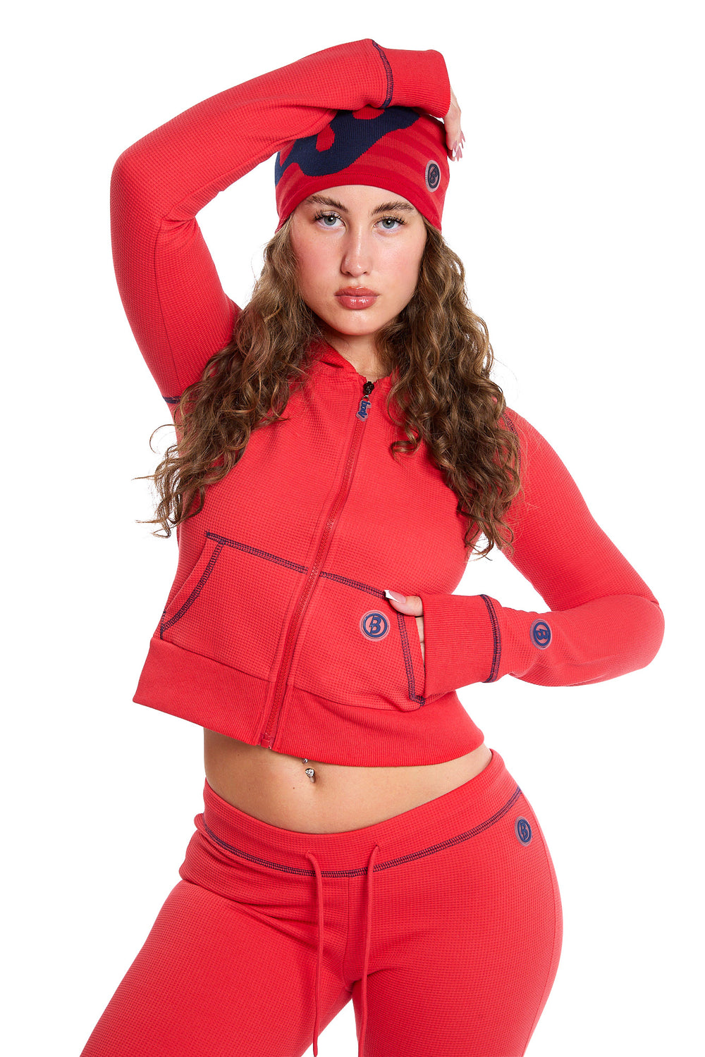 WAFFLE KNIT HOODIE (CANDY APPLE RED/NAVY)