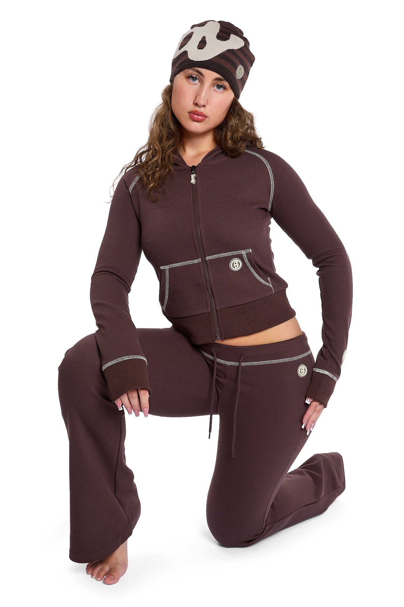 WAFFLE KNIT HOODIE (ESPRESSO BROWN/CREAM)