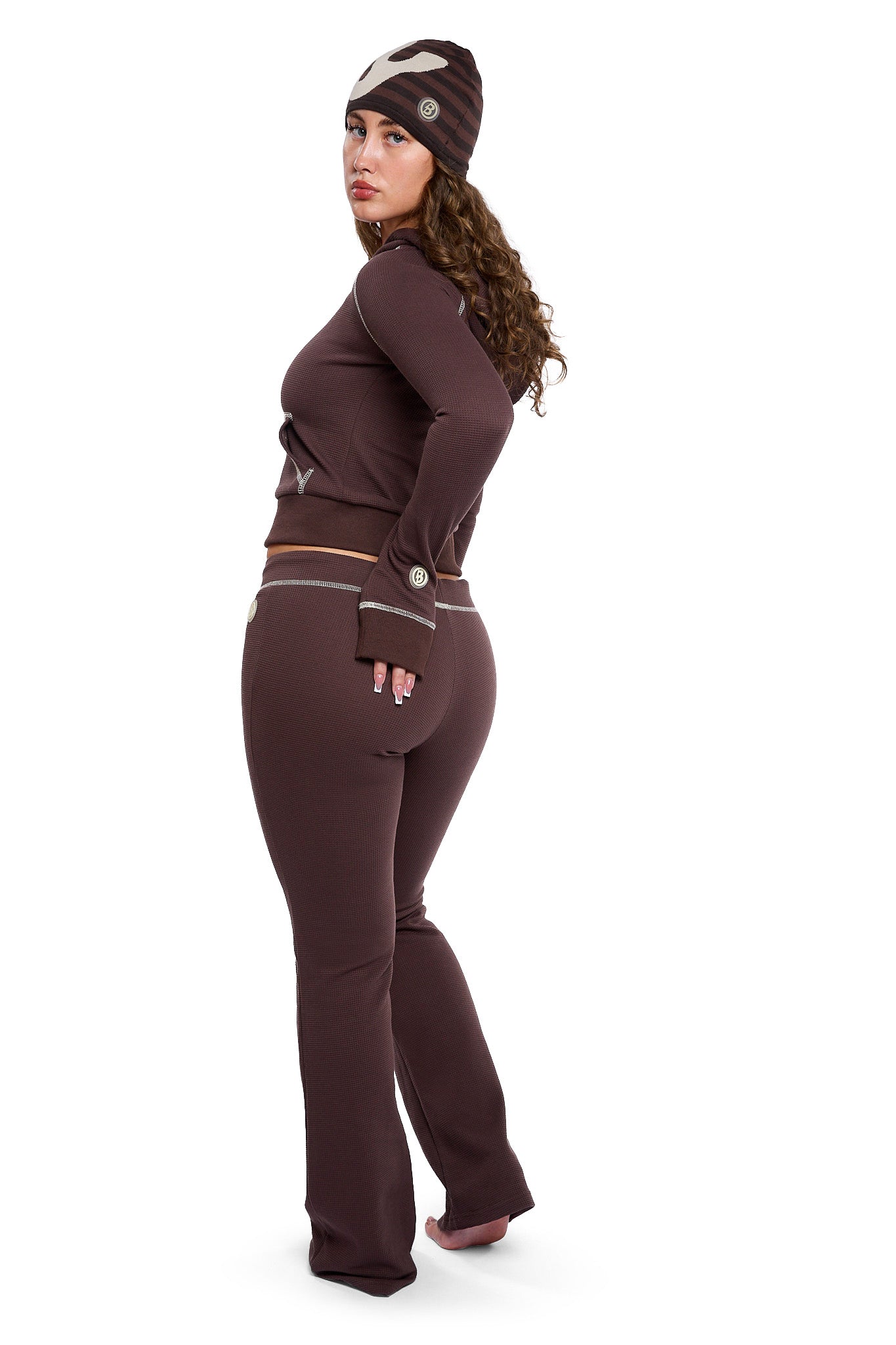 WAFFLE KNIT BOOT CUT PANTS (ESPRESSO BROWN/CREAM)