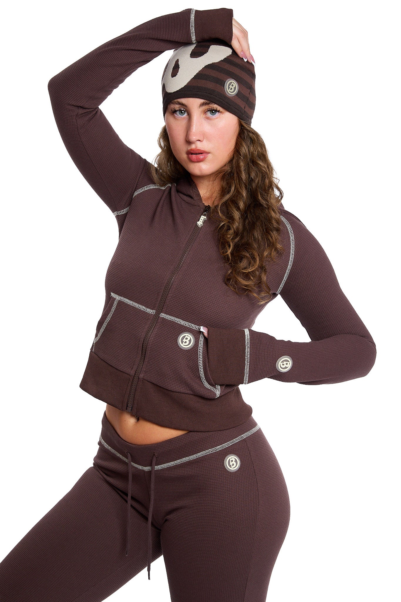 WAFFLE KNIT HOODIE (ESPRESSO BROWN/CREAM)