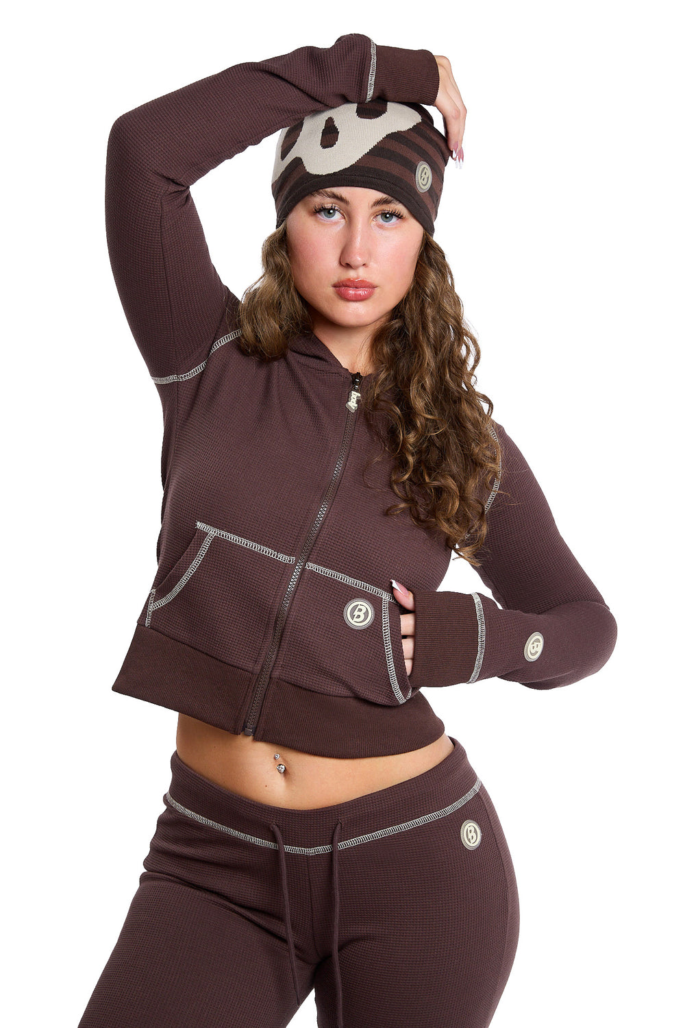 WAFFLE KNIT HOODIE (ESPRESSO BROWN/CREAM)