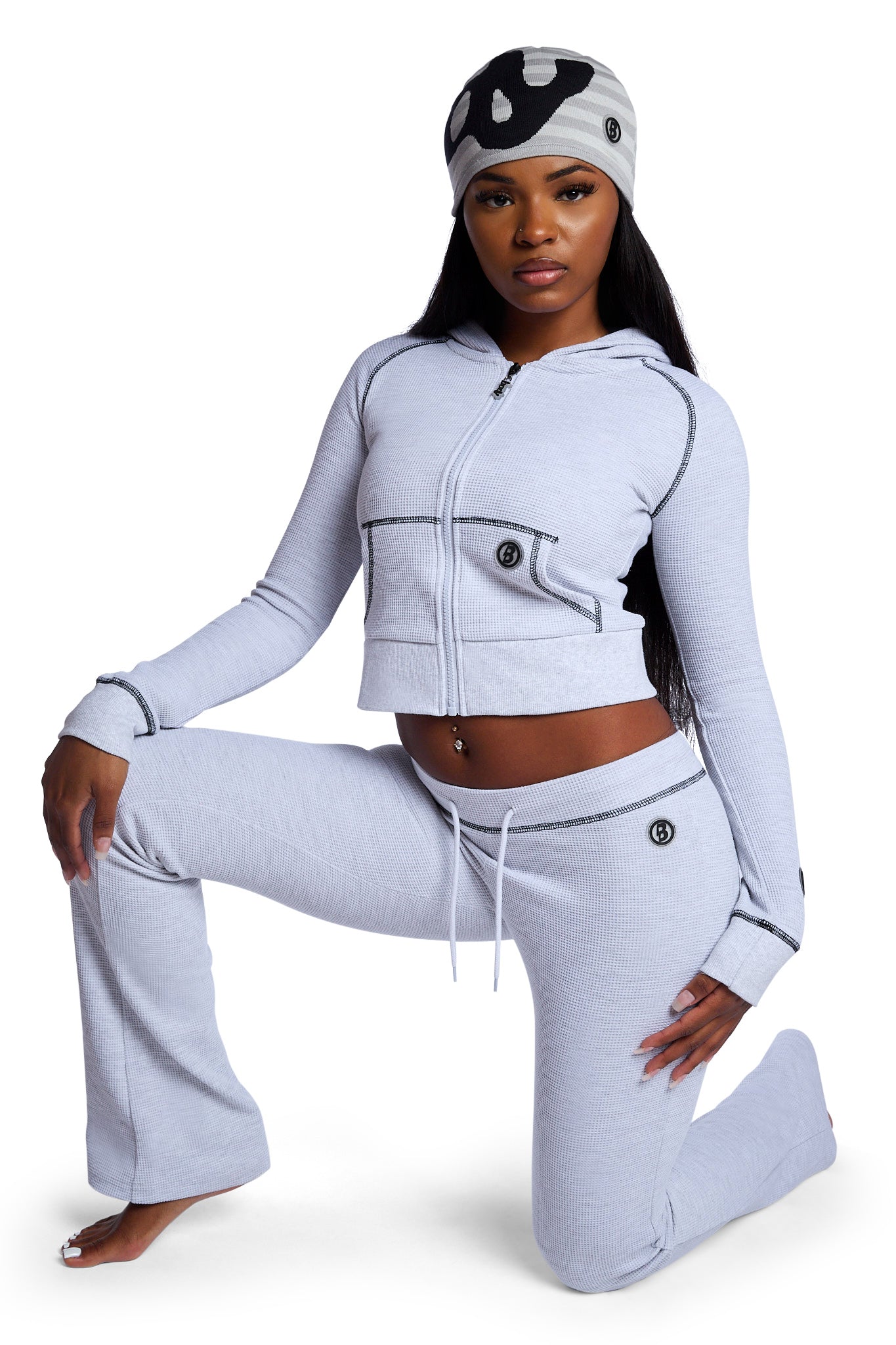 WAFFLE KNIT BOOT CUT PANTS (HEATHER GREY/BLACK)