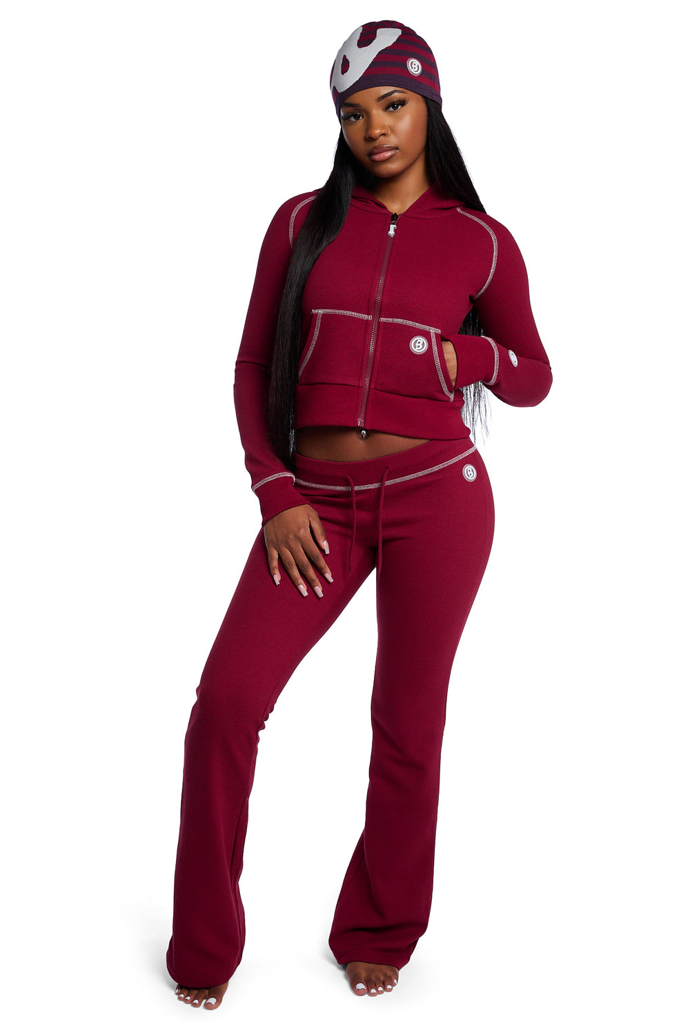 WAFFLE KNIT HOODIE (MAROON/SLATE)