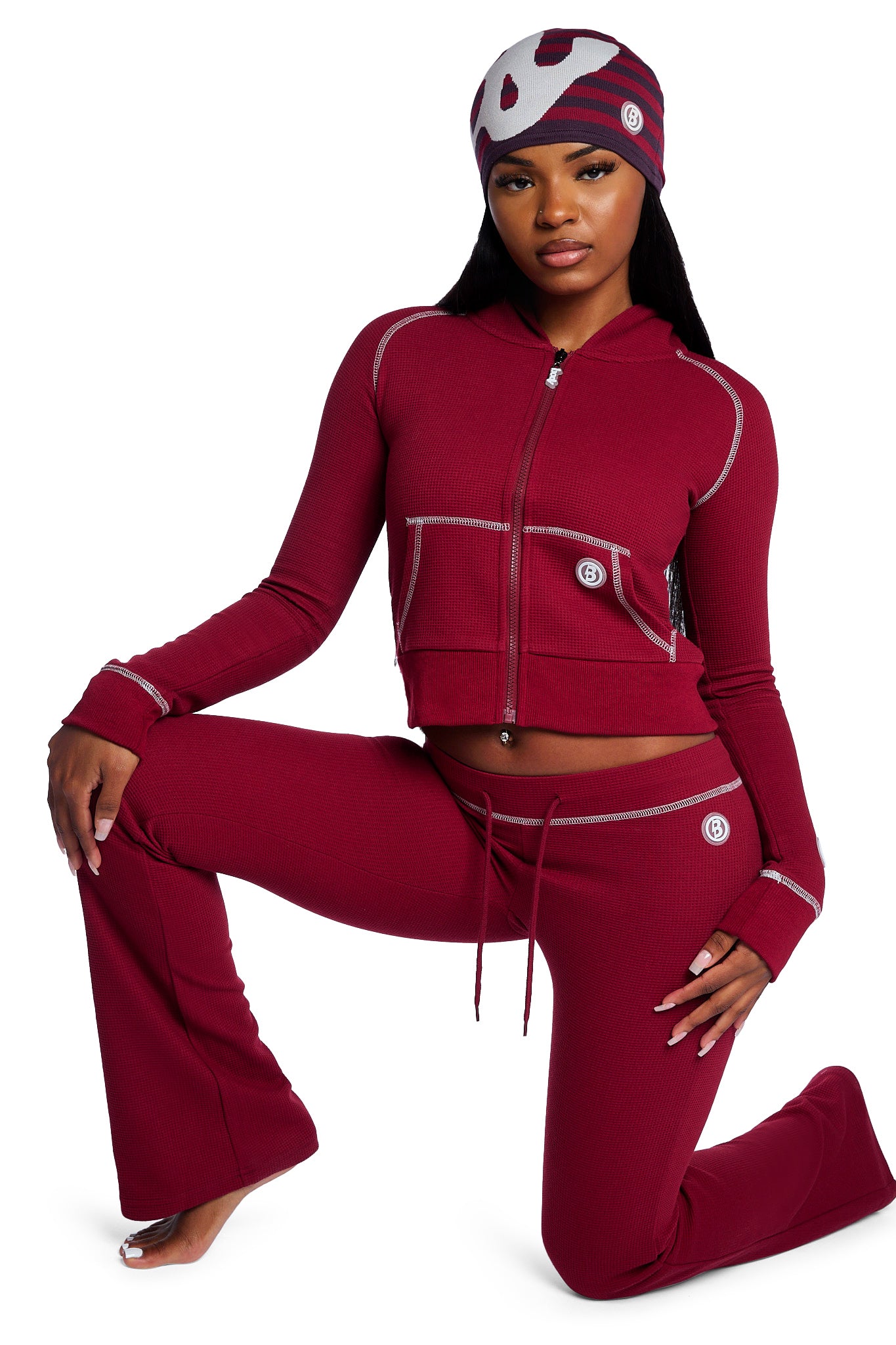 WAFFLE KNIT HOODIE (MAROON/SLATE)