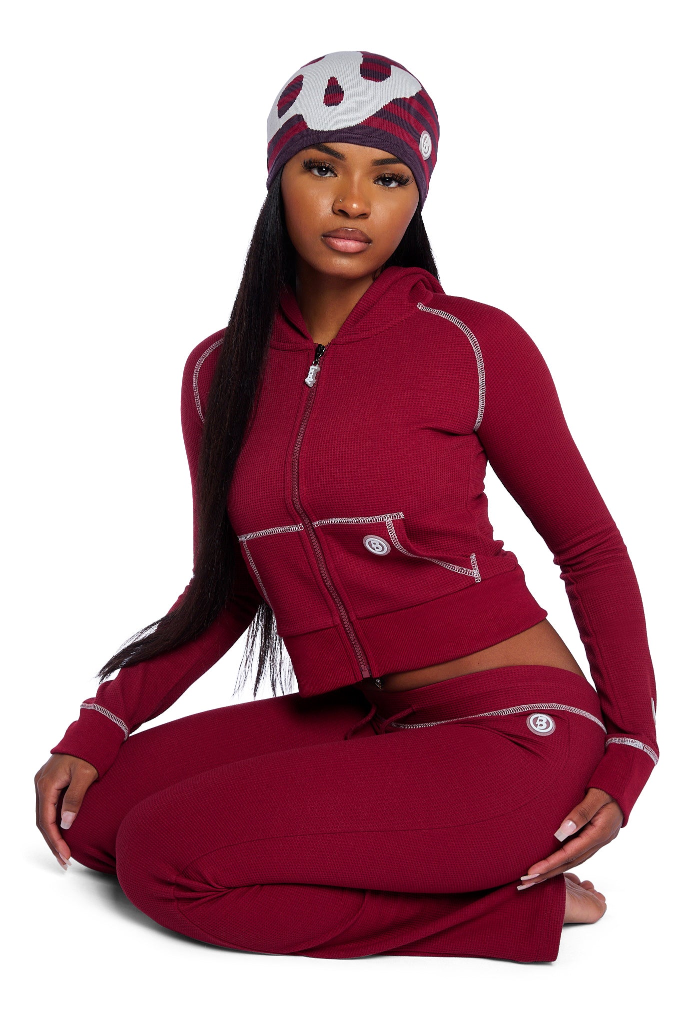 WAFFLE KNIT HOODIE (MAROON/SLATE)