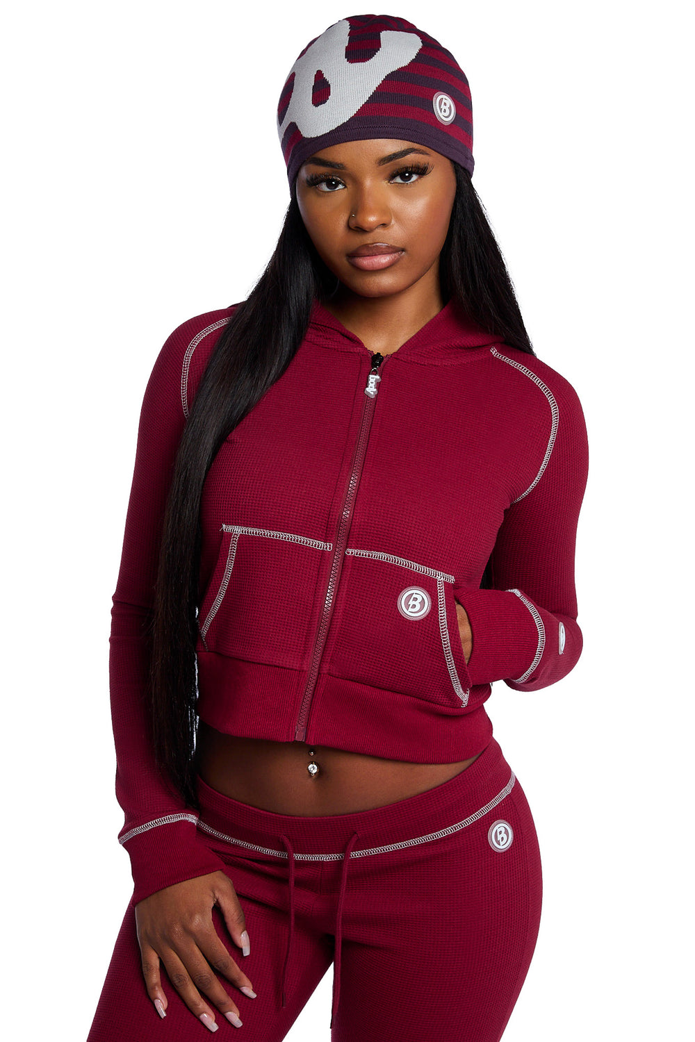 WAFFLE KNIT HOODIE (MAROON/SLATE)