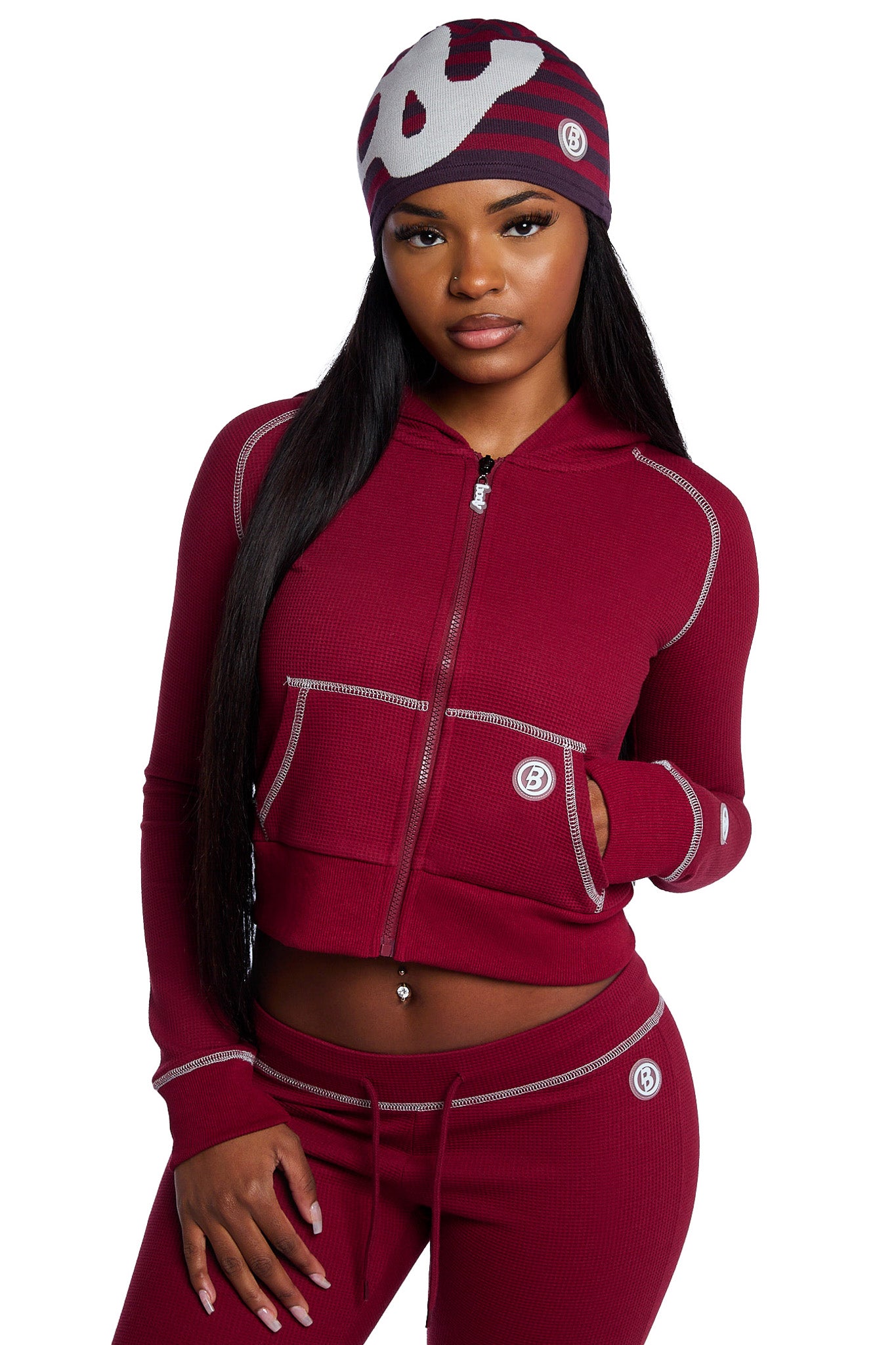 WAFFLE KNIT HOODIE (MAROON/SLATE)