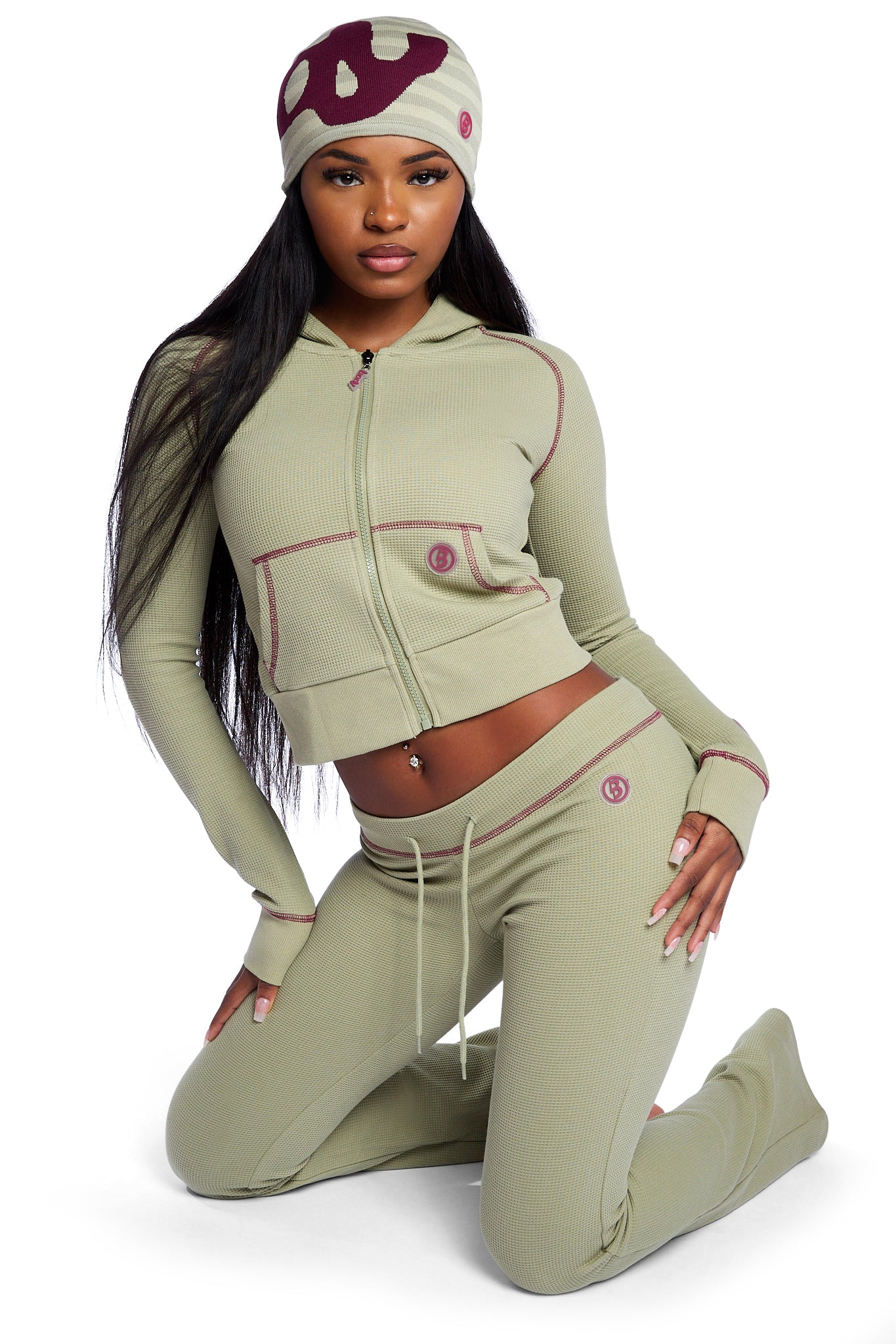 STRIPED KNIT BEANIE (MATCHA/MAROON)