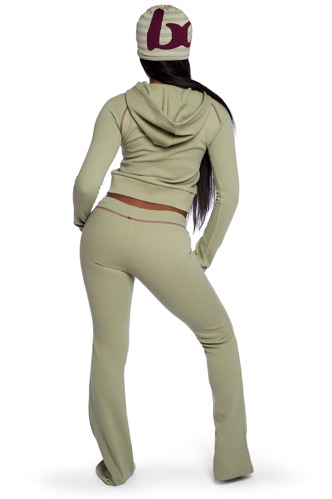 WAFFLE KNIT BOOT CUT PANTS (MATCHA/MAROON)